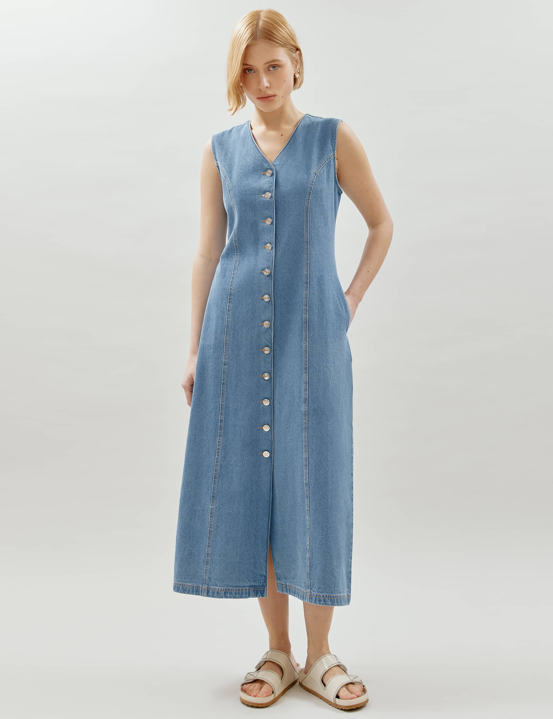 Albaray Women's Denim Button Through Midaxi Waisted Dress - 8 - Blue Denim, Blue Denim