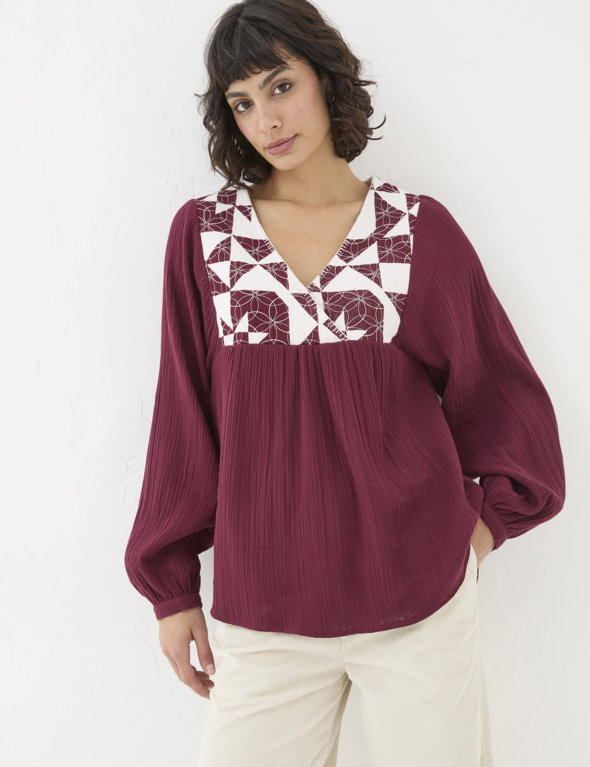 Fatface Women's Textured Embroidered V-Neck Blouse