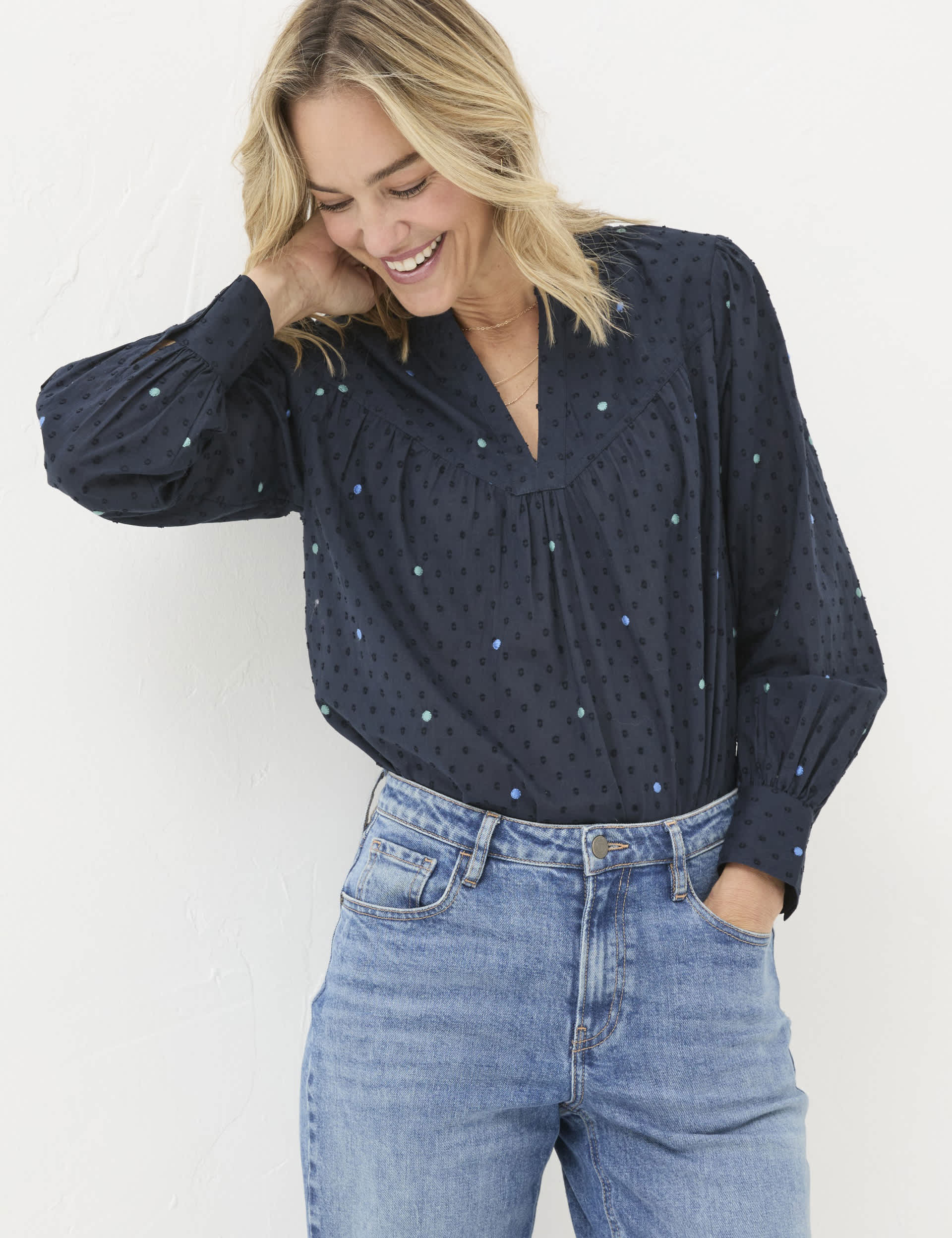 Fatface Women's Pure Cotton Polka Dot Embroidered Blouse - 16 - Navy Mix, Navy Mix