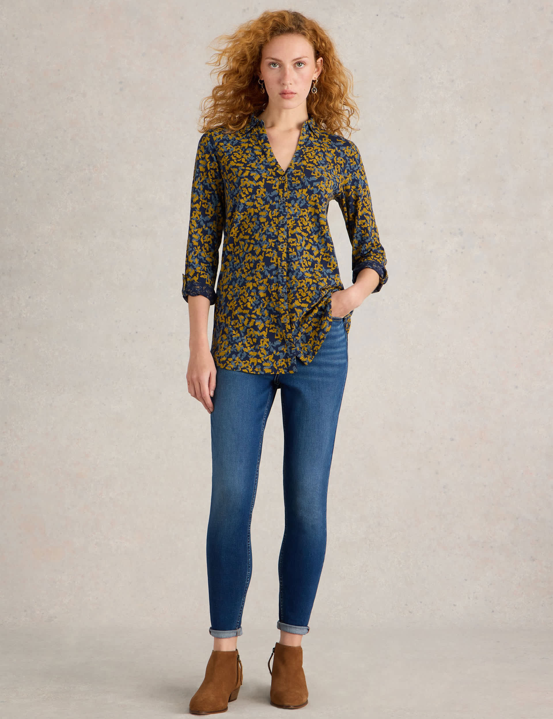 White Stuff Women's Pure Cotton Printed V-Neck Longline Shirt