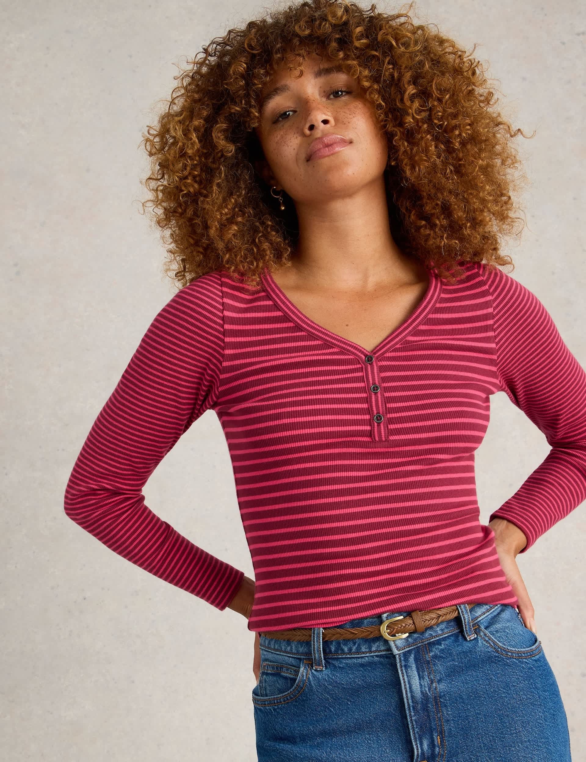 White Stuff Women's Cotton Rich Striped Ribbed V-Neck Henley Top - 12 - Pink Mix, Blue Mix,Pink Mix,