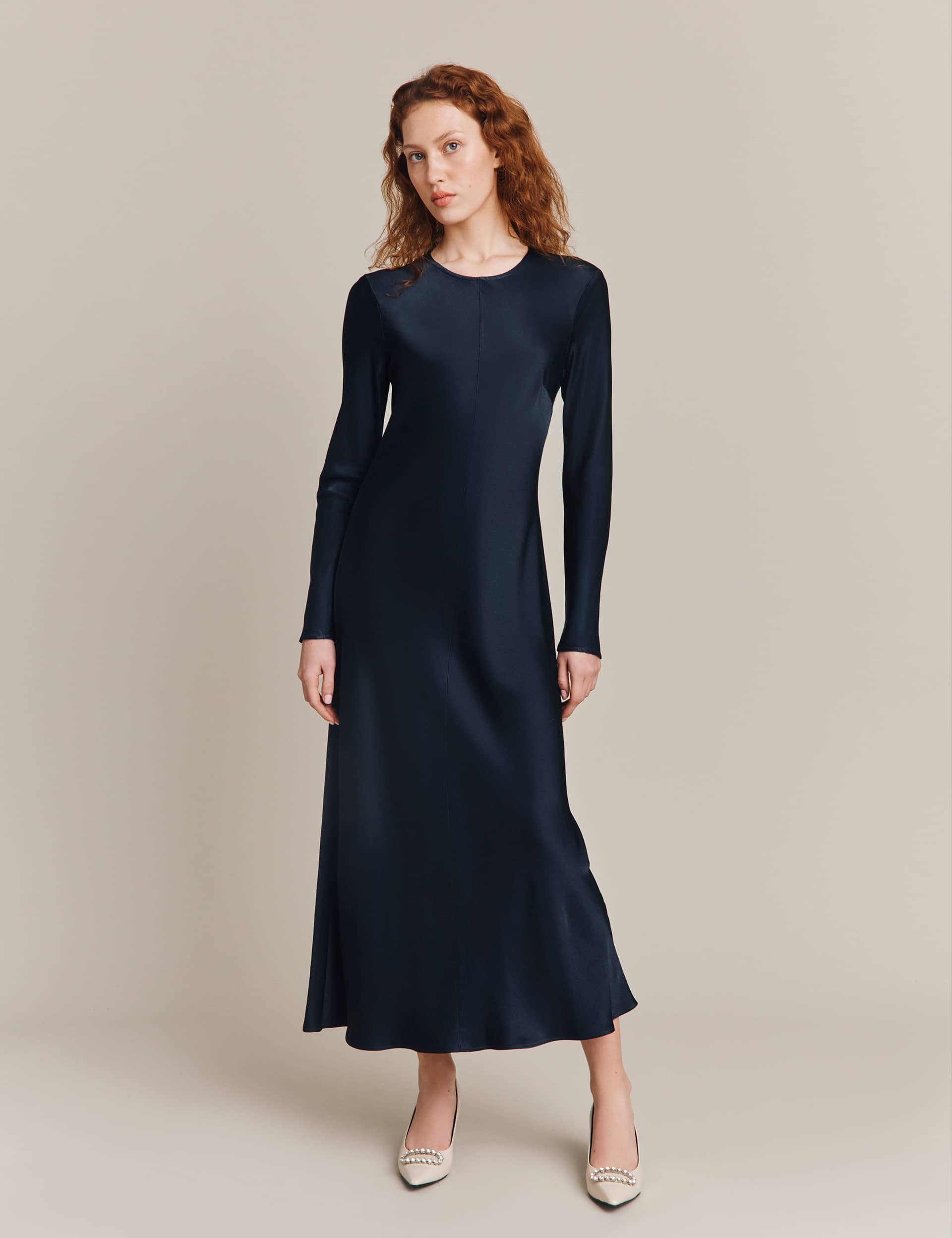 Ghost Women's Satin Round Neck Midi Column Dress - Navy, Navy