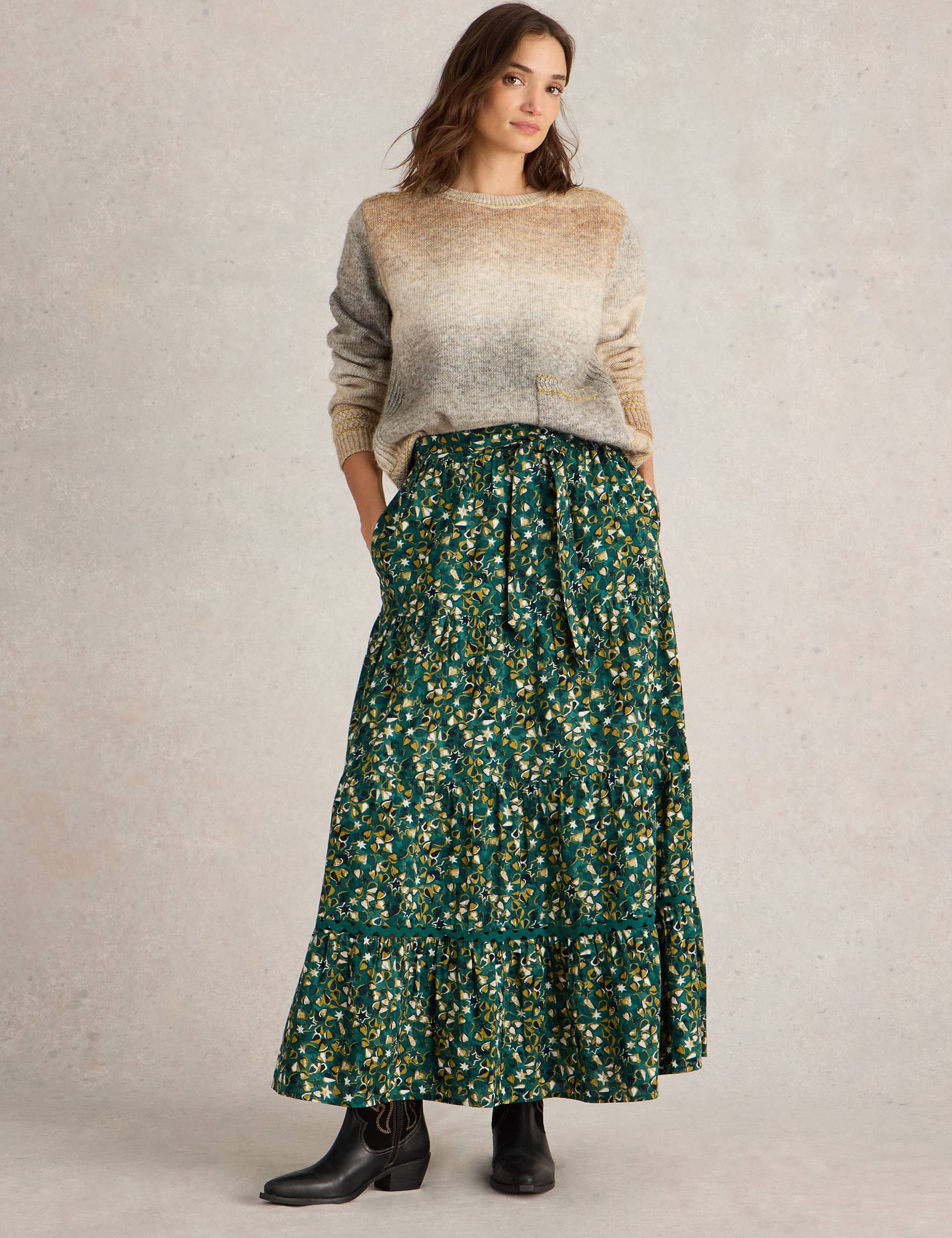 White Stuff Women's Pure Cotton Printed Tiered Maxi Skirt - 14REG - Green Mix, Green Mix