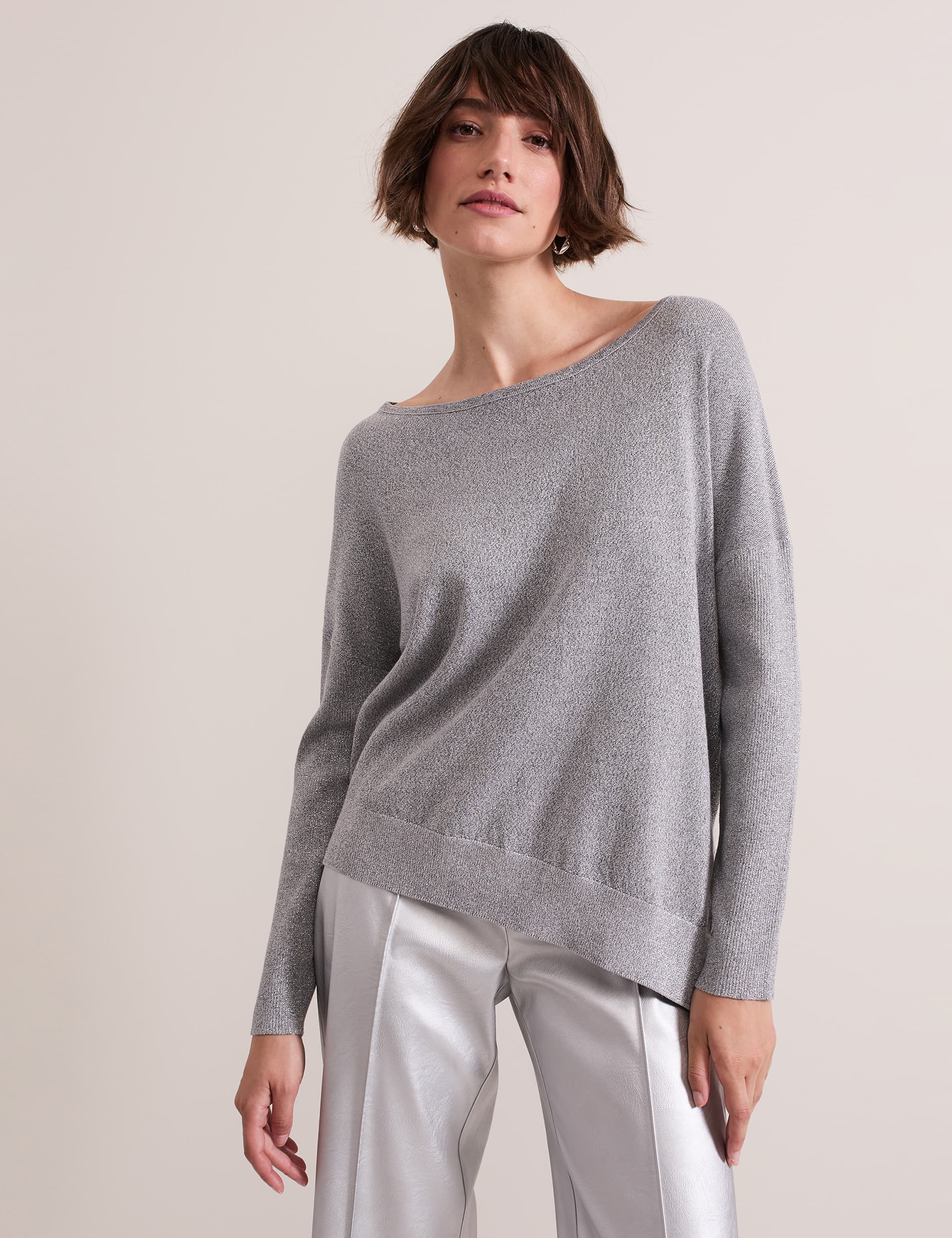 Phase Eight Women's Sparkly Asymmetric Slash Neck Jumper - Silver, Silver