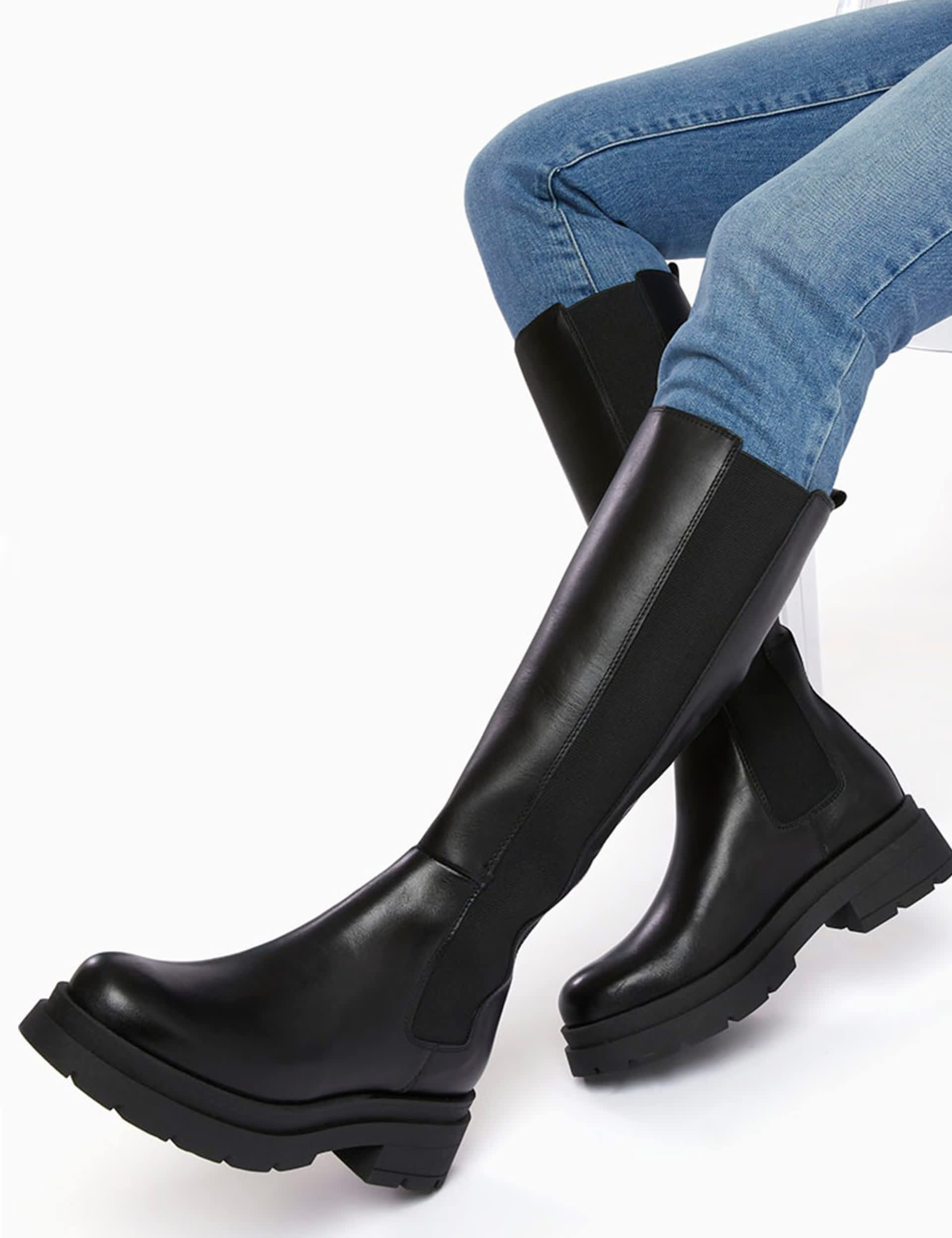 Dune London Women's Leather Chunky Flatform Knee High Boots - 6 - Black, Black