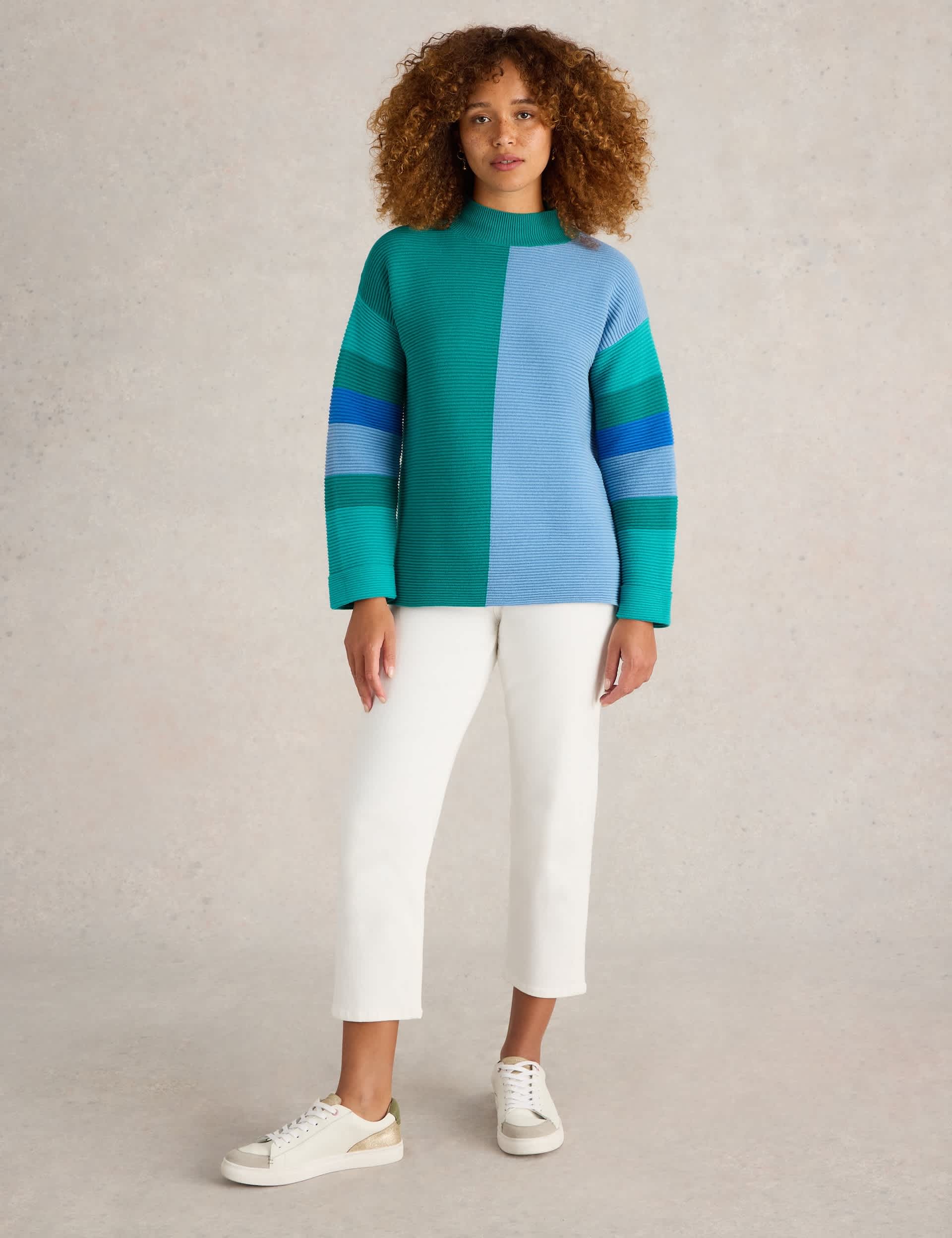 White Stuff Women's Pure Cotton Colour Block High Neck Jumper - 16 - Teal Mix, Teal Mix