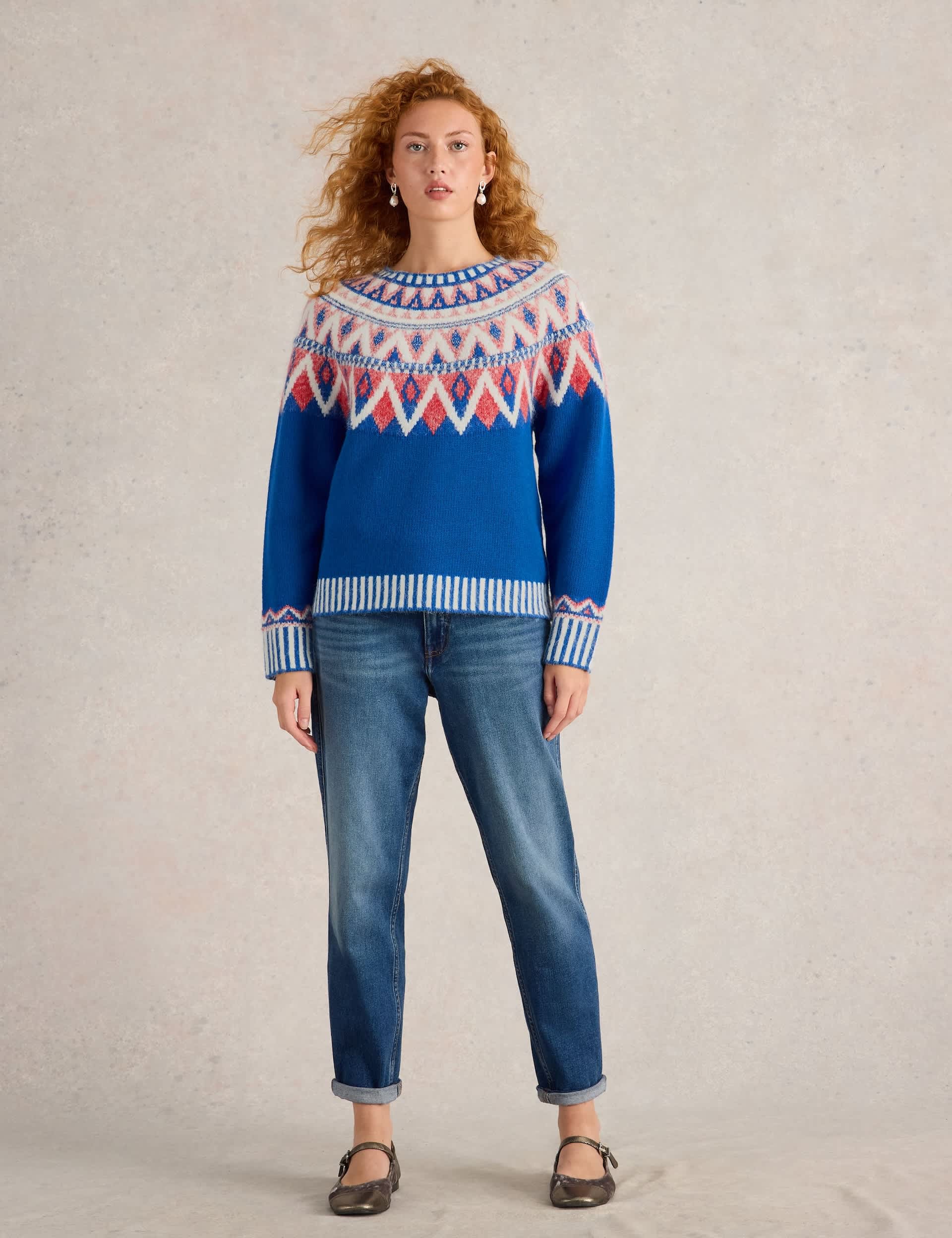 White Stuff Women's Wool Blend Fair Isle Crew Neck Jumper - 12 - Blue Mix, Blue Mix