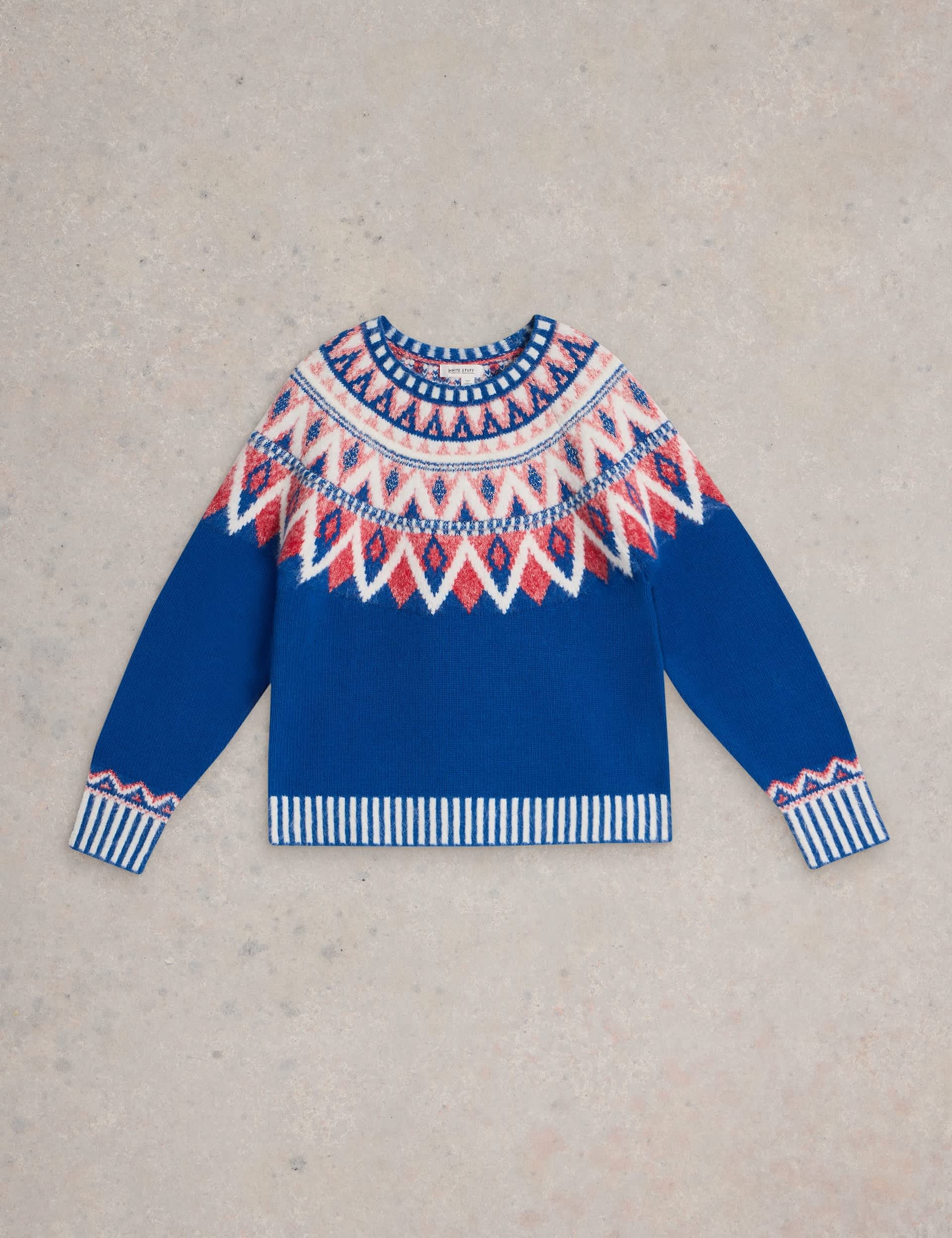 White Stuff Women's Wool Blend Fair Isle Crew Neck Jumper - 12 - Blue Mix, Blue Mix