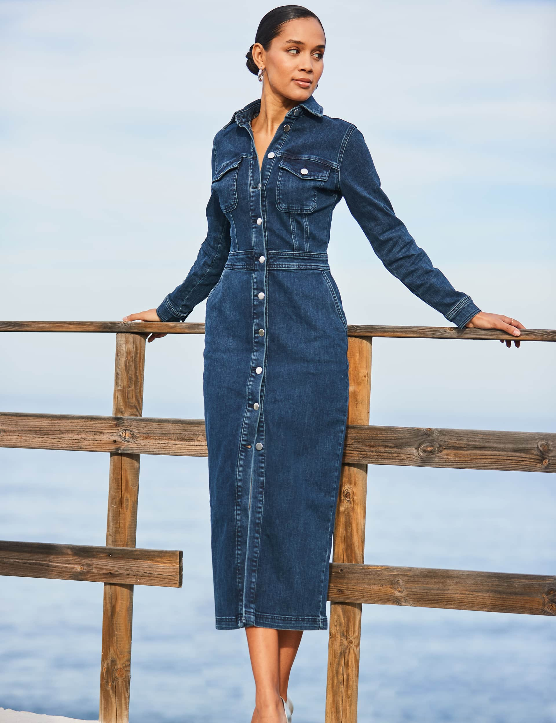 Sosandar Women's Cotton Rich Denim Midi Shirt Dress - 14 - Indigo, Indigo