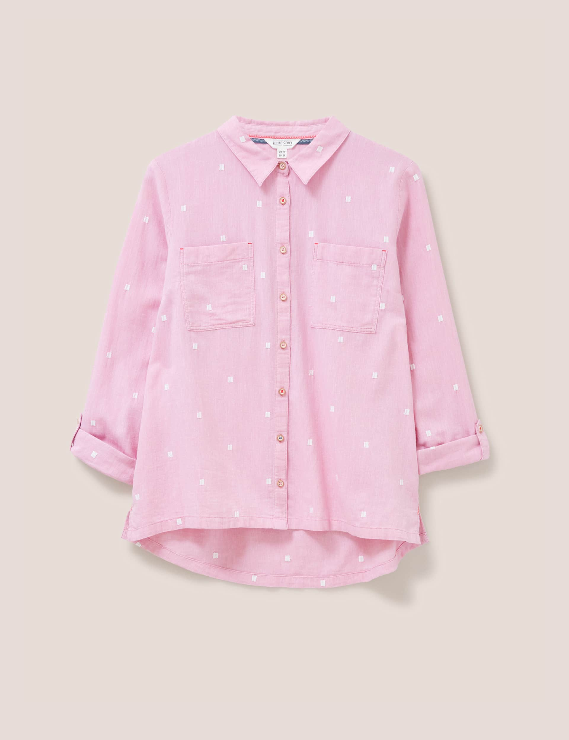 White Stuff Women's Pure Cotton Embroidered Collared Shirt - 12 - Pink Mix, Pink Mix