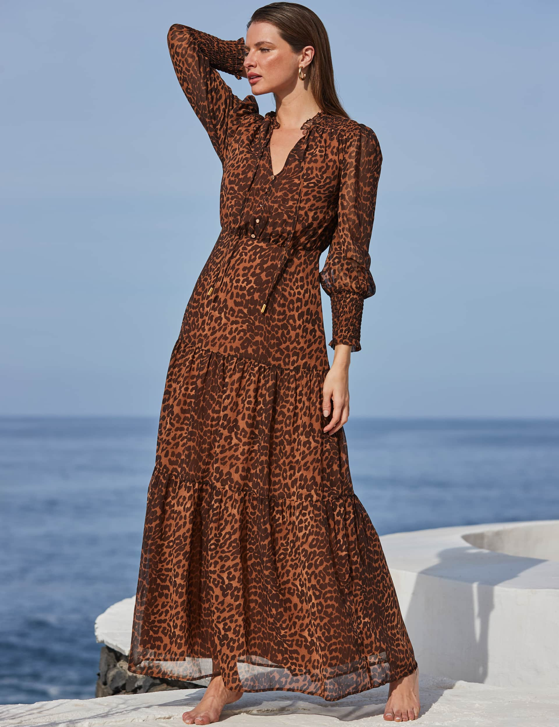 Sosandar Women's Animal Print V-Neck Maxi Tiered Dress - 6 - Brown Mix, Brown Mix