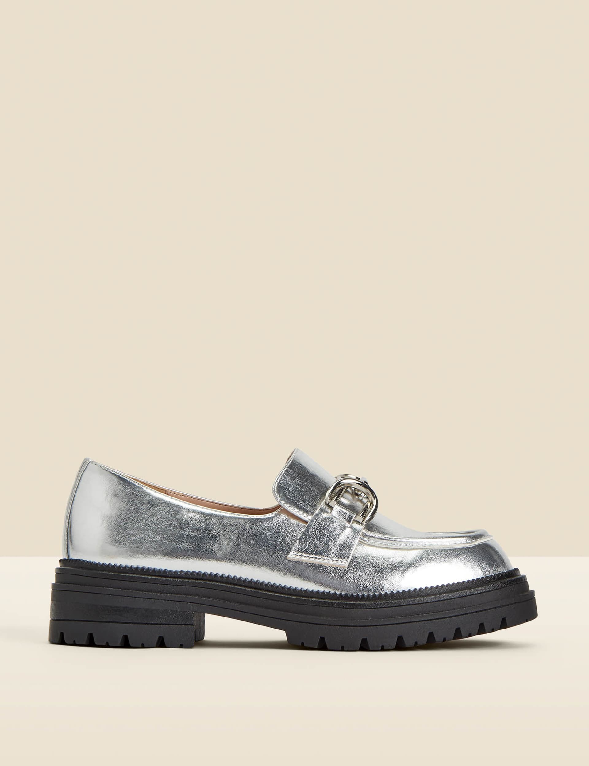 Sosandar Women's Metallic Chunky Slip On Platform Loafers - 4 - Silver, Silver,Ivory