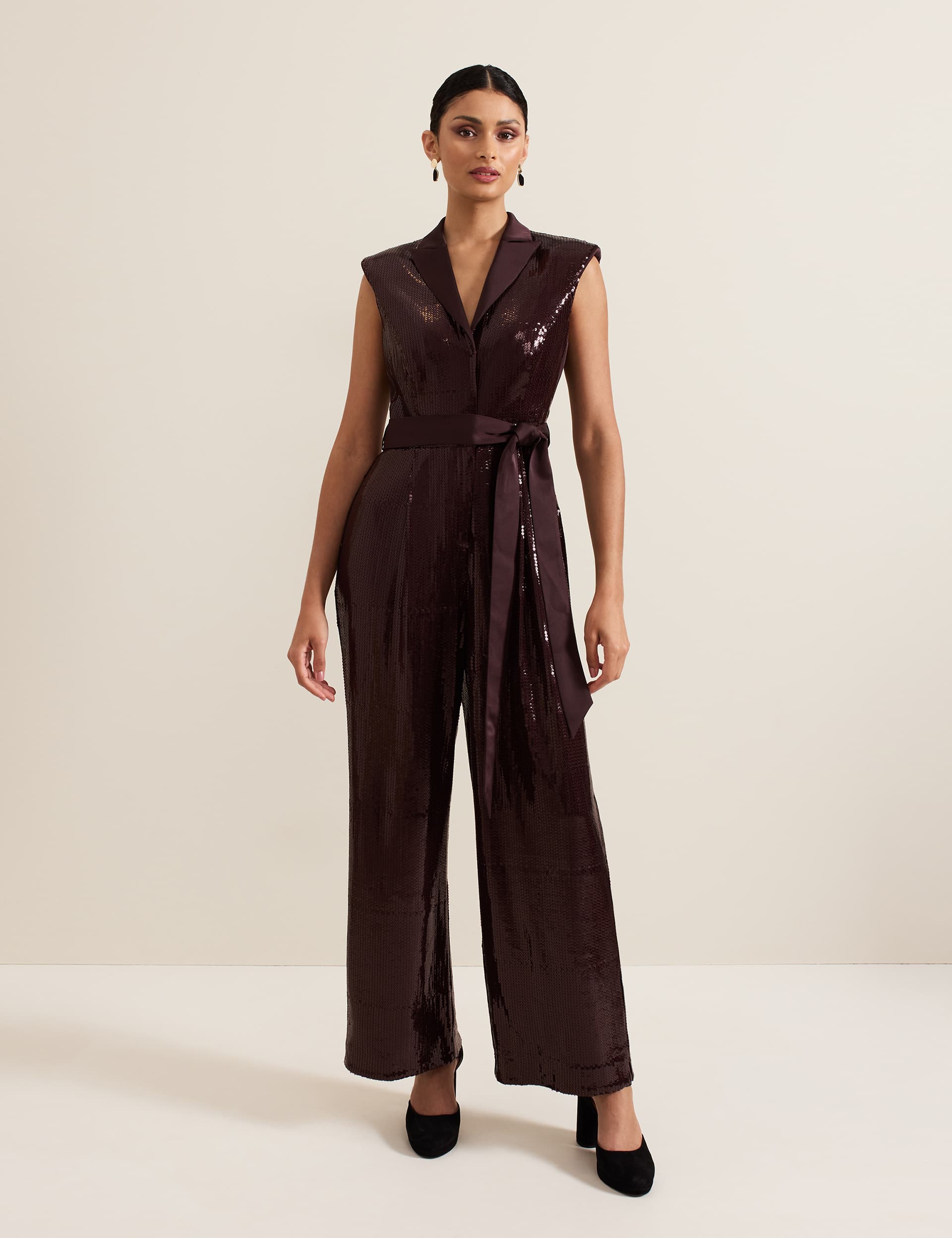 Phase Eight Women's Sequin Belted Wide Leg Jumpsuit - 12 - Burgundy, Burgundy