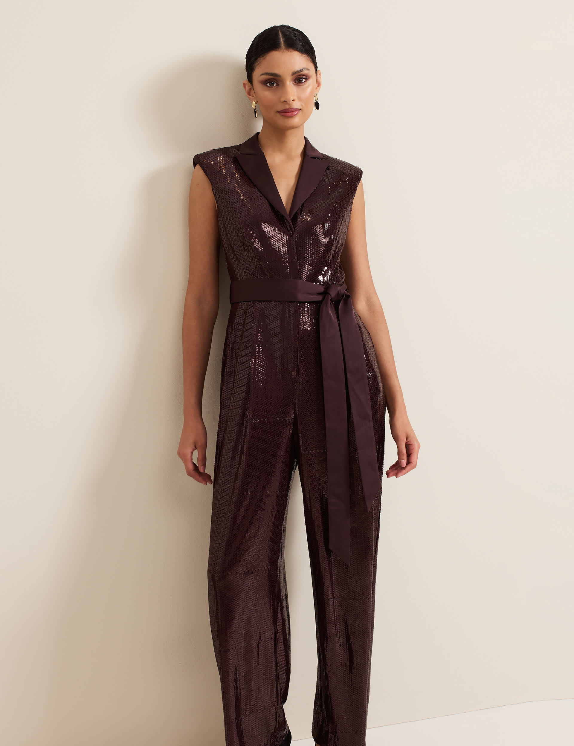 Phase Eight Women's Sequin Belted Wide Leg Jumpsuit - 14 - Burgundy, Burgundy