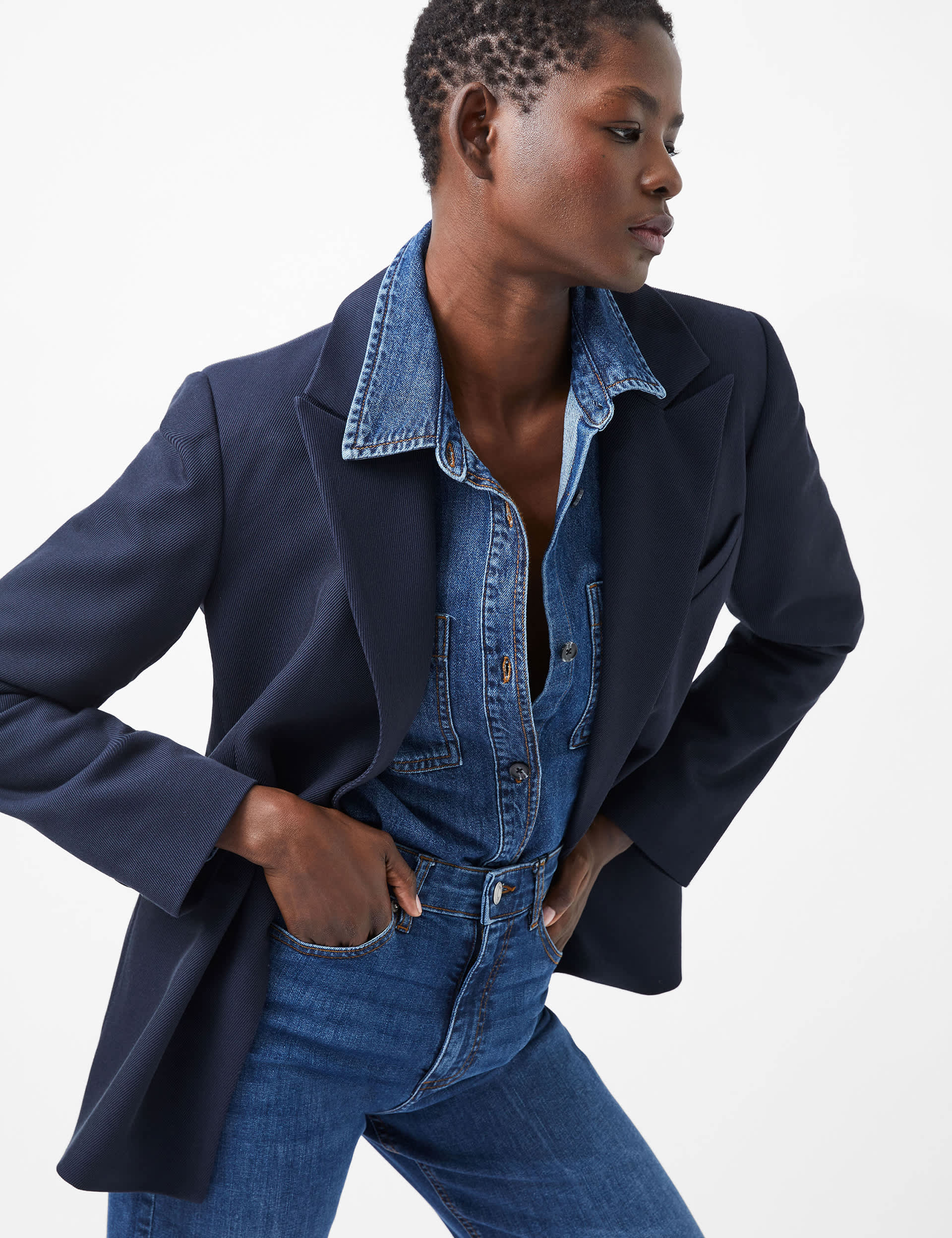 French Connection Women's Twill Single Breasted Tailored Blazer - Blue, Blue