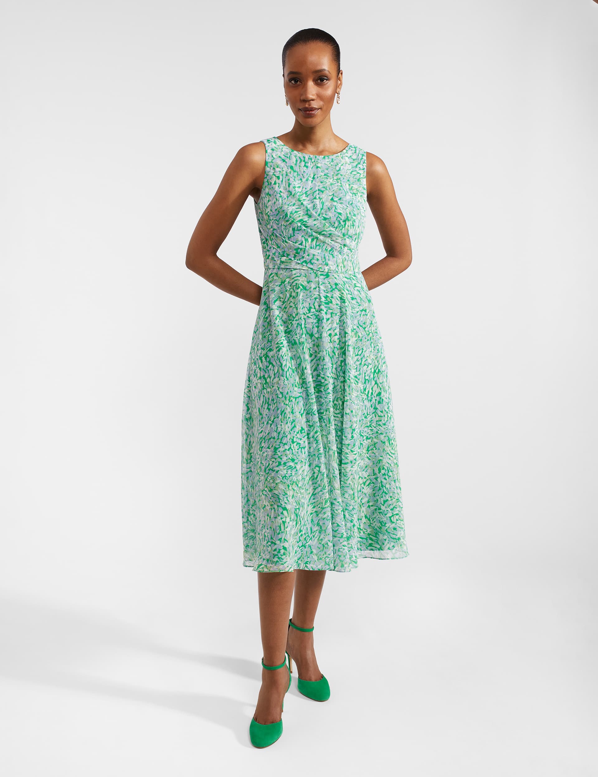 Hobbs Women's Printed Midi Waisted Dress - 14 - Green Mix, Green Mix