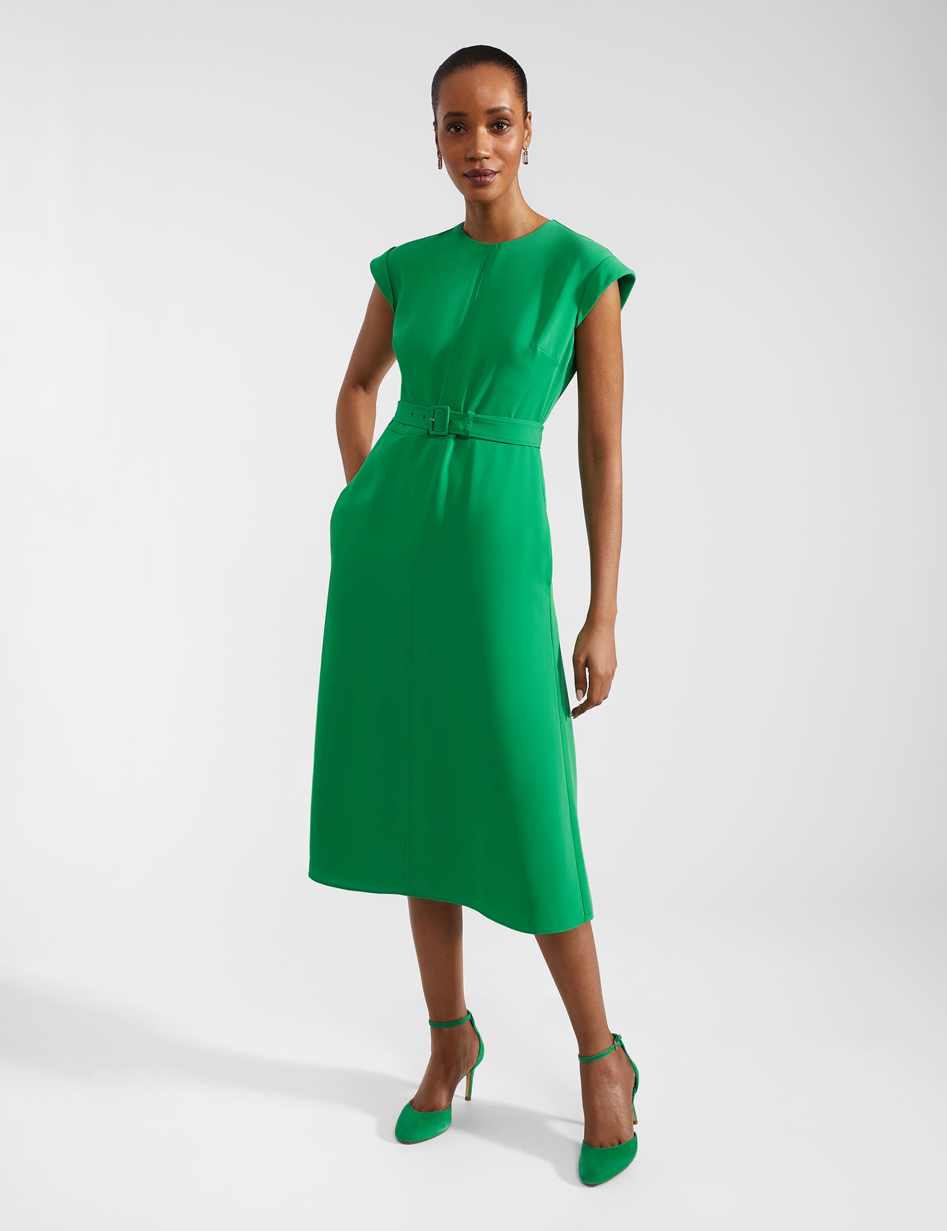 Hobbs Women's Belted Midi Waisted Dress - 10 - Green, Green