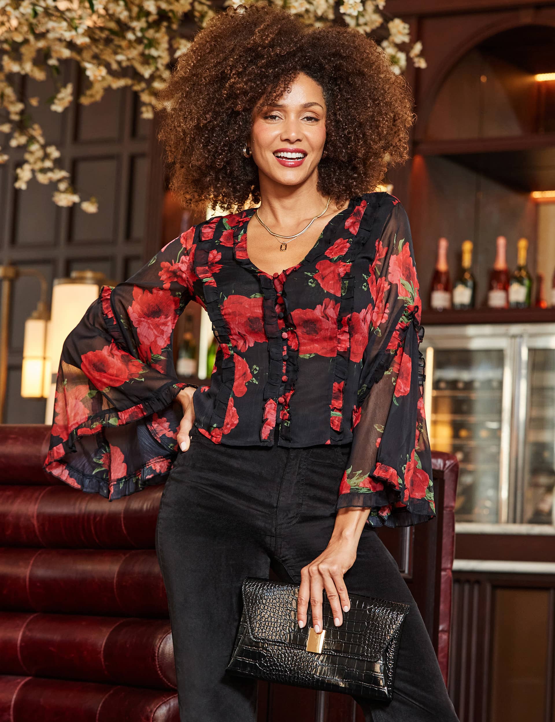 Sosandar Women's Floral V-Neck Frill Detail Blouse