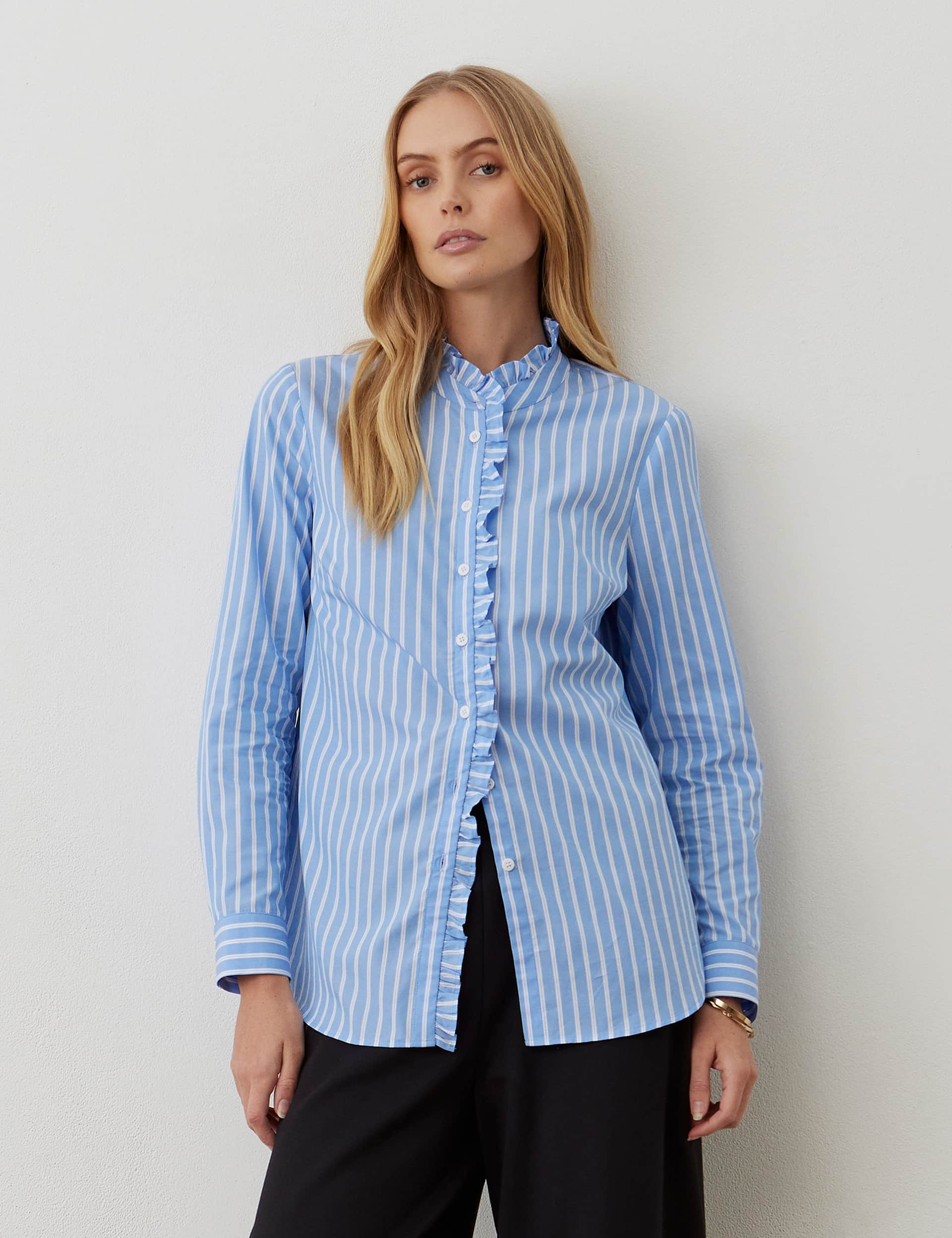 Finery London Women's Pure Cotton Striped High Neck Ruffle Shirt - 20 - Blue Mix, Blue Mix