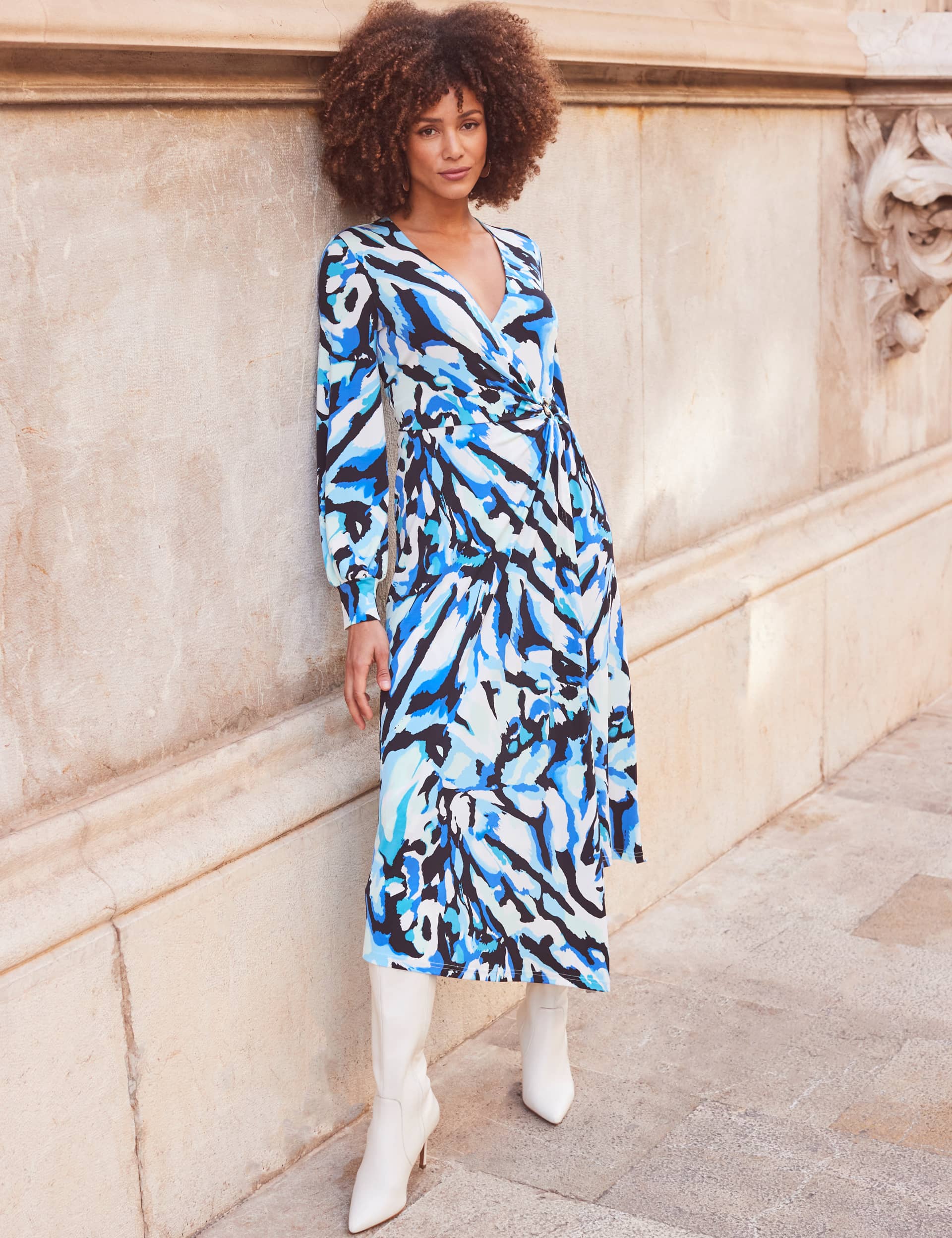 Sosandar Women's Jersey Printed V-Neck Midi Wrap Dress