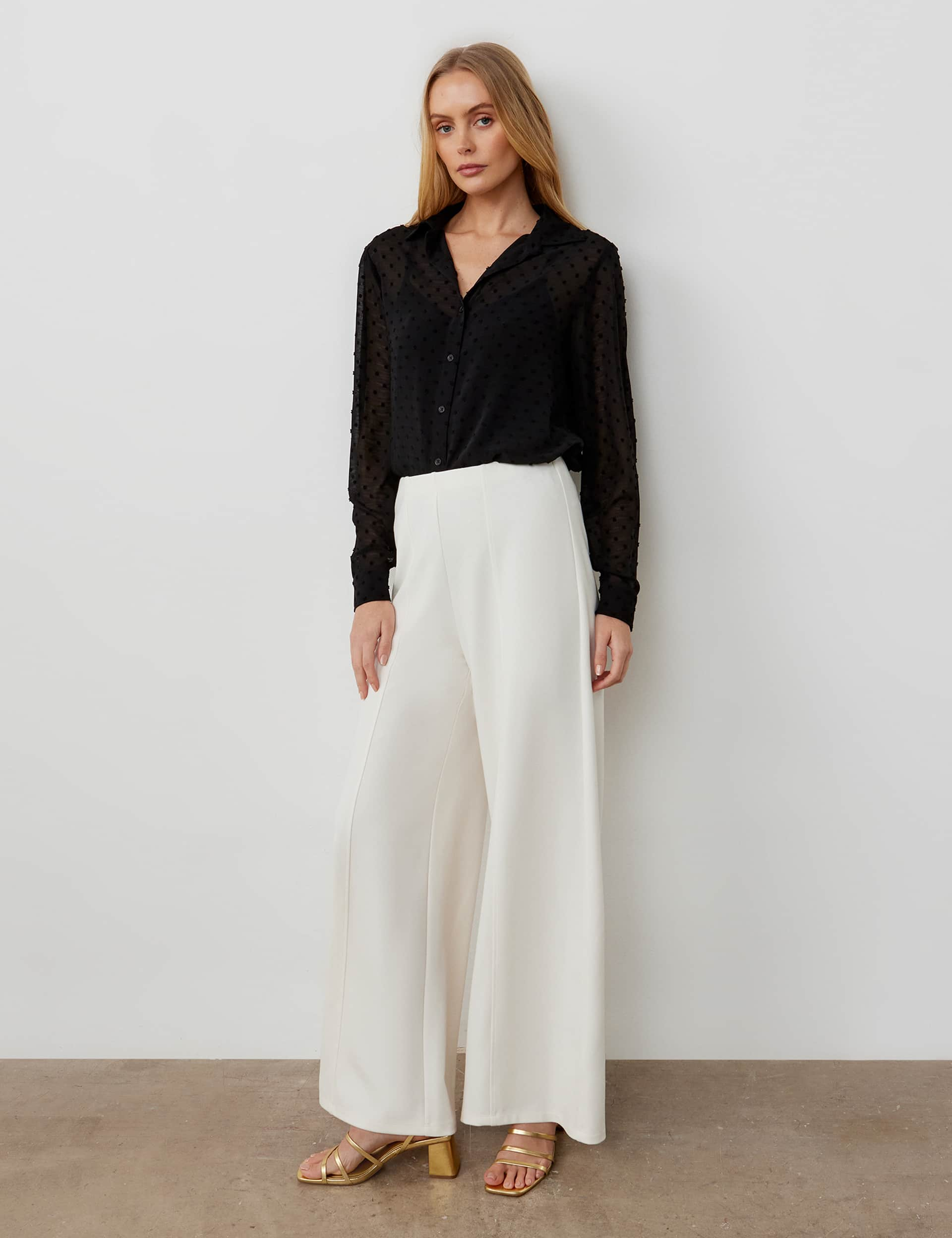 Finery London Women's High Waisted Wide Leg Trousers - 16REG - Ivory, Black,Ivory