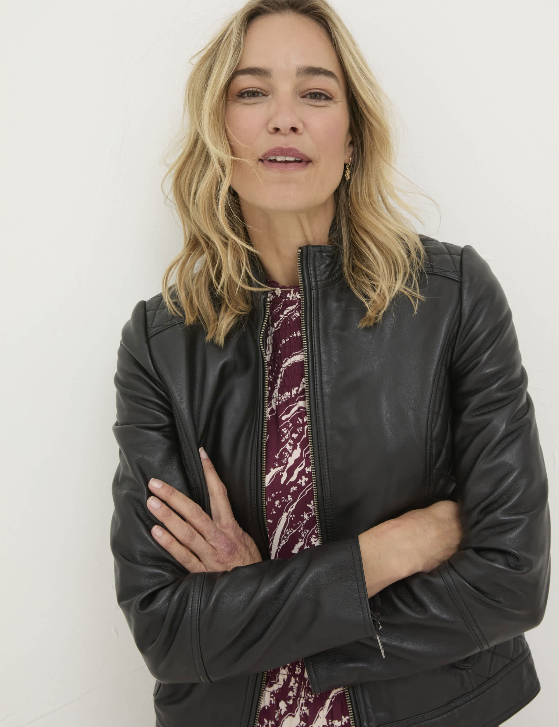 Fatface Women's Leather Quilted Short Biker Jacket