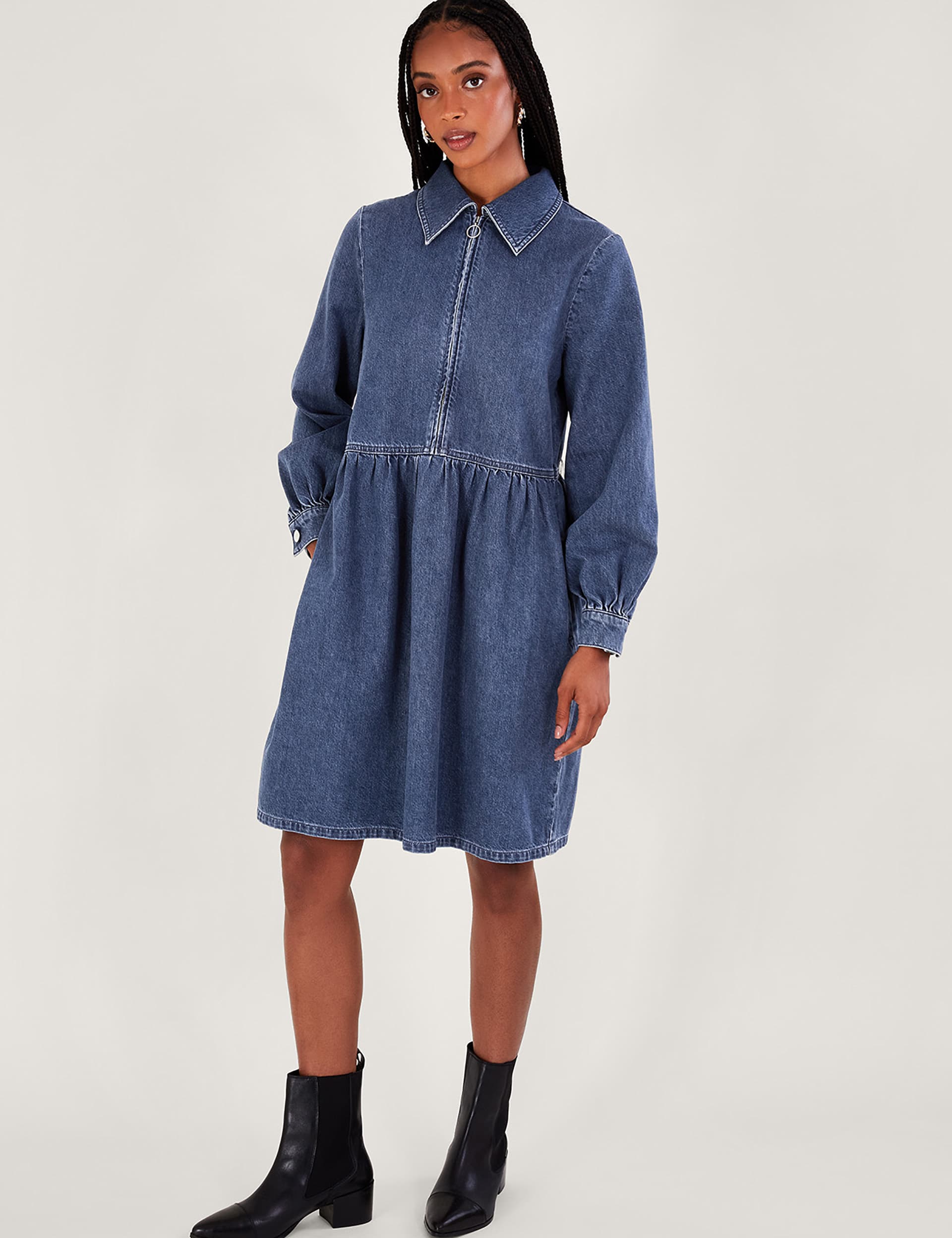 Monsoon Women's Denim Zip Neck Knee Length Shirt Dress - Blue, Blue