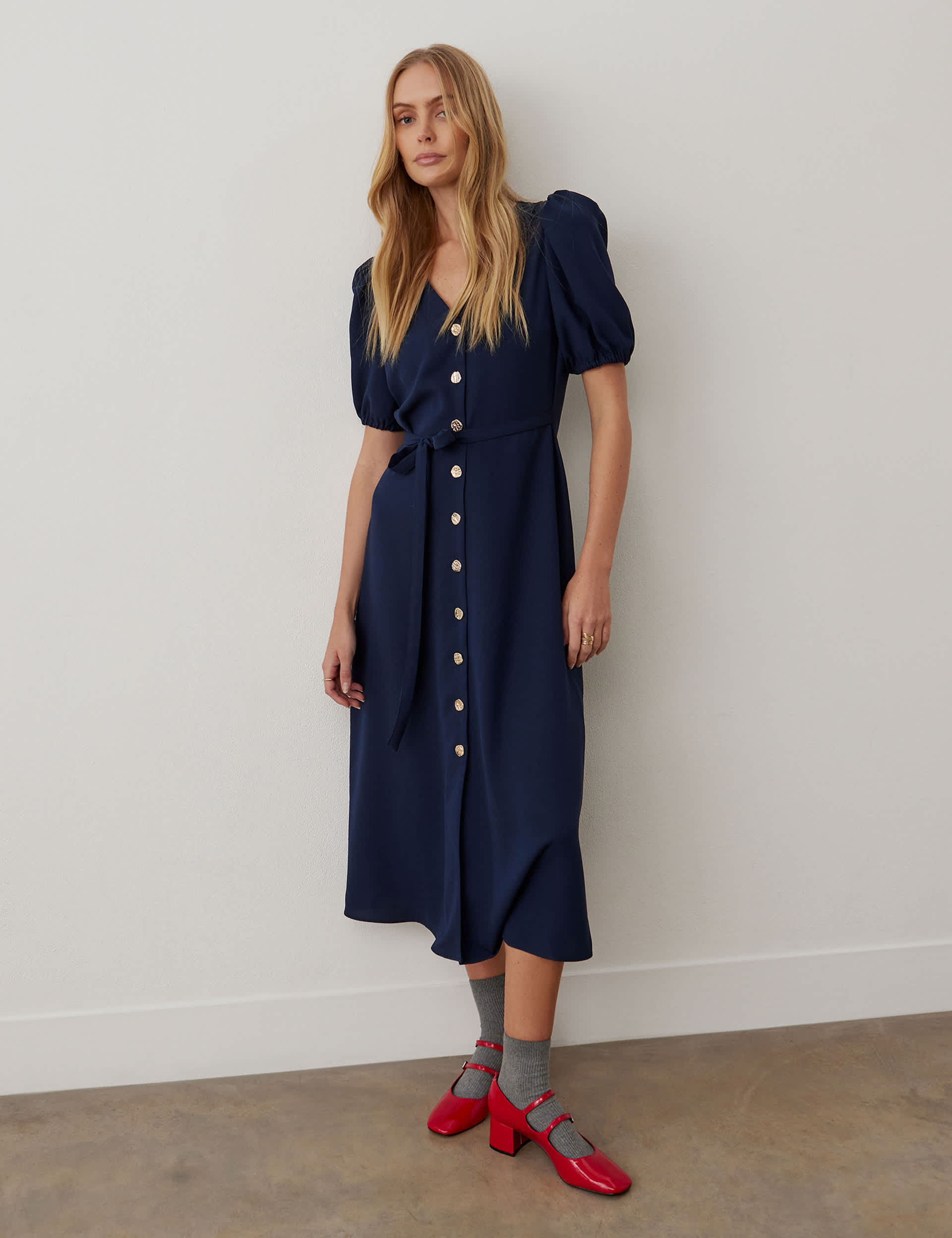 Finery London Women's V-Neck Button Through Midi Tea Dress - 18 - Navy, Navy