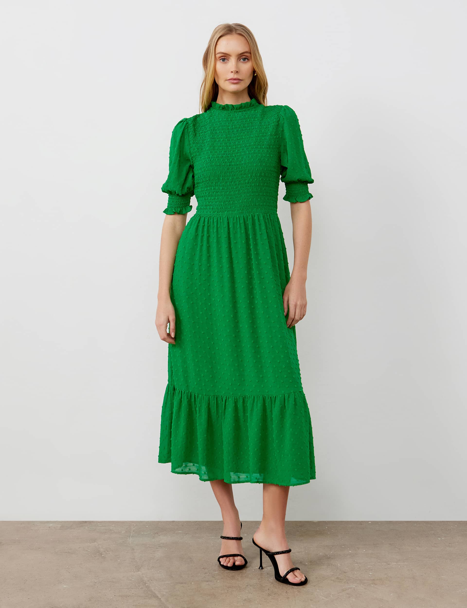 Finery London Women's Dobby Crew Neck Shirred Tiered Midaxi Dress