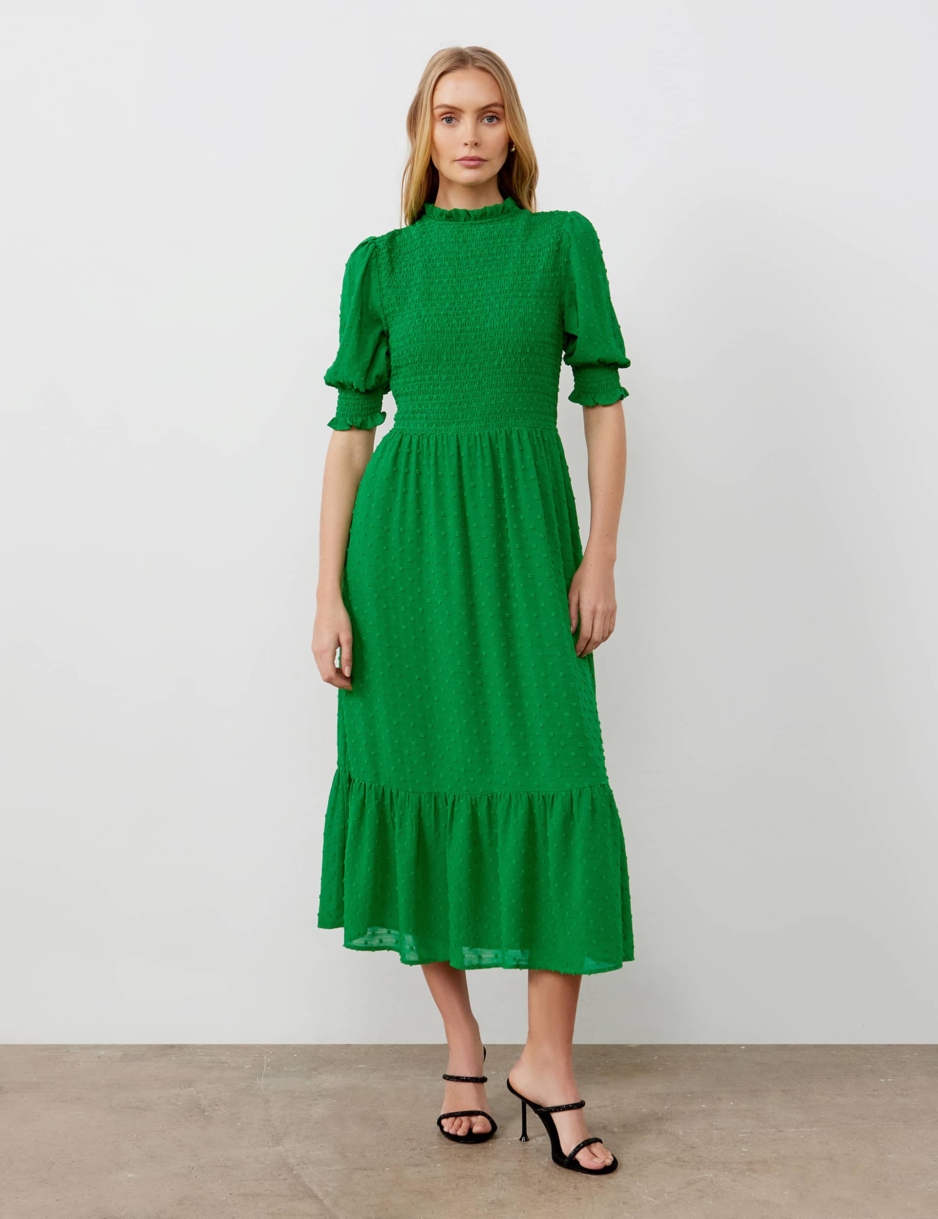 Finery London Women's Dobby Crew Neck Shirred Tiered Midaxi Dress - 18 - Green, Green