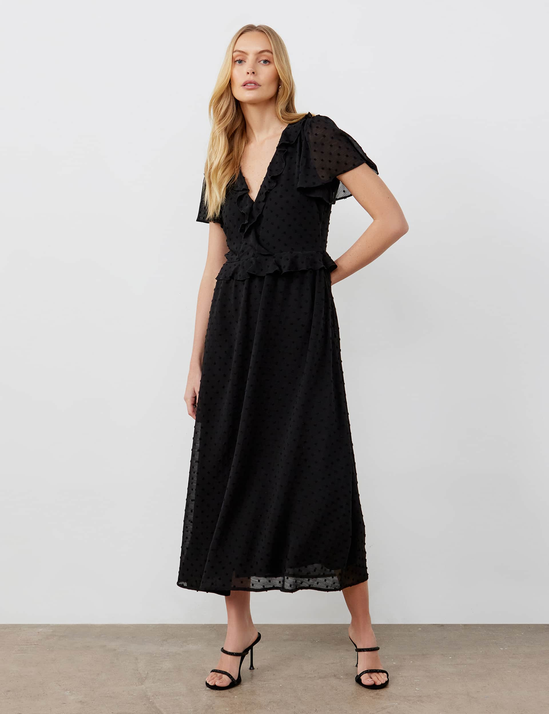 Finery London Women's V-Neck Ruffle Midaxi Tea Dress - 12 - Black, Black,Navy