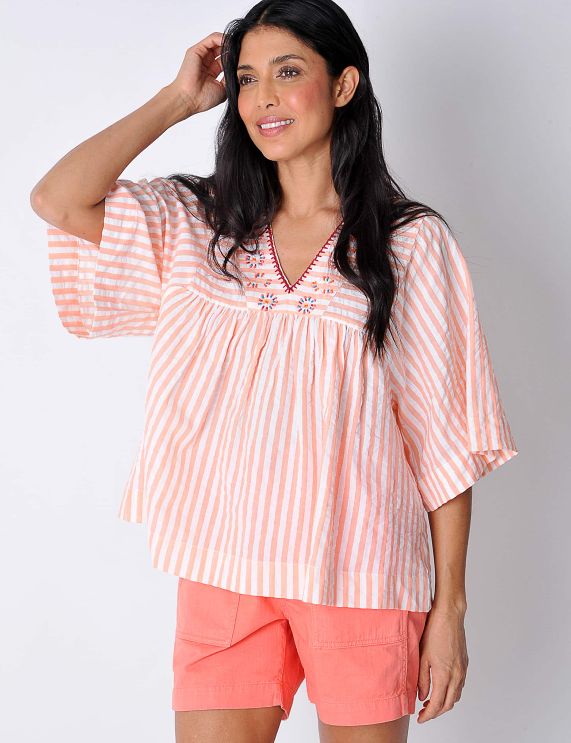 Burgs Women's Pure Cotton Striped V-Neck Blouse - 10 - Pink Mix, Pink Mix