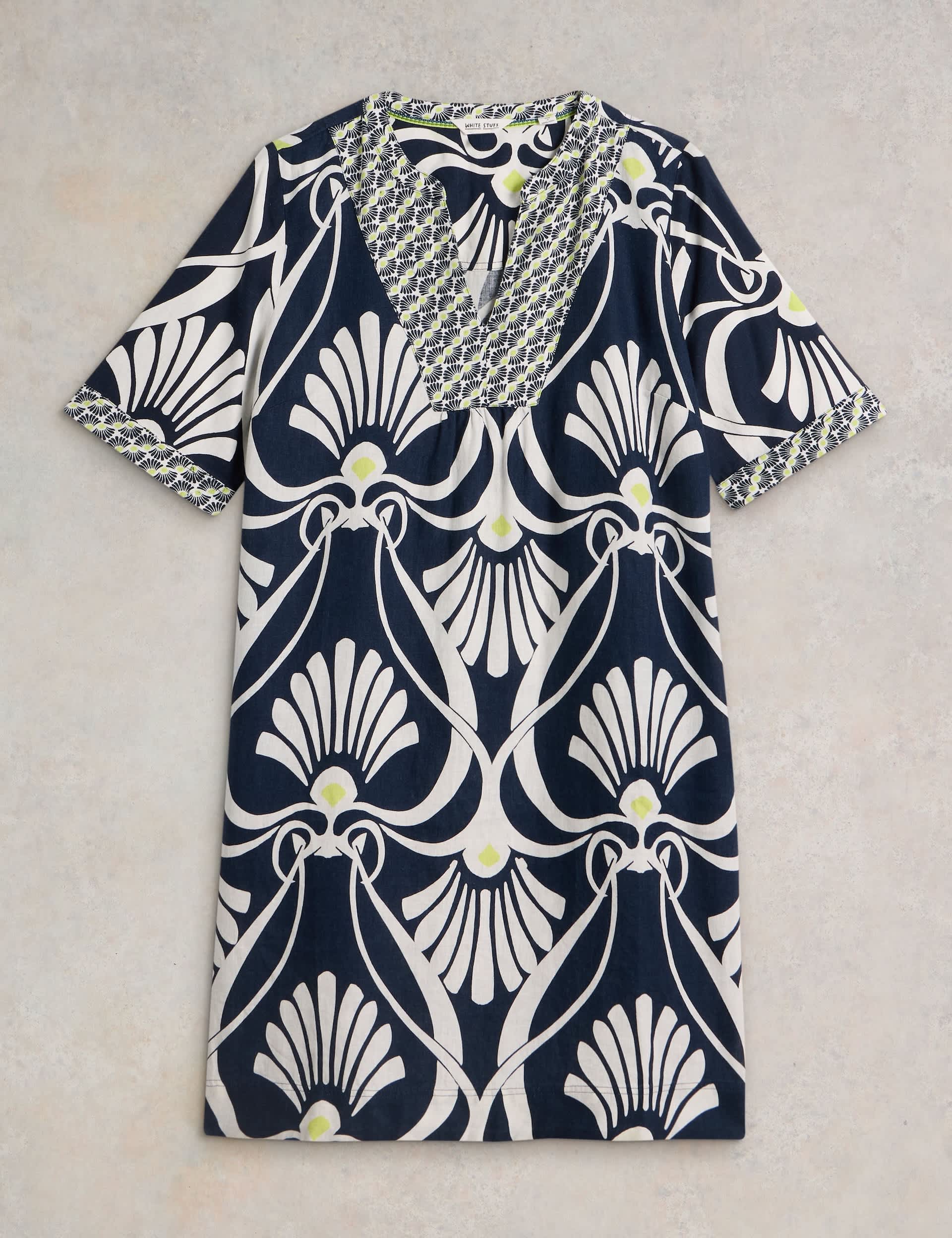 White Stuff Women's Pure Linen Printed Mini Tea Dress - 12REG - Navy Mix, Navy Mix