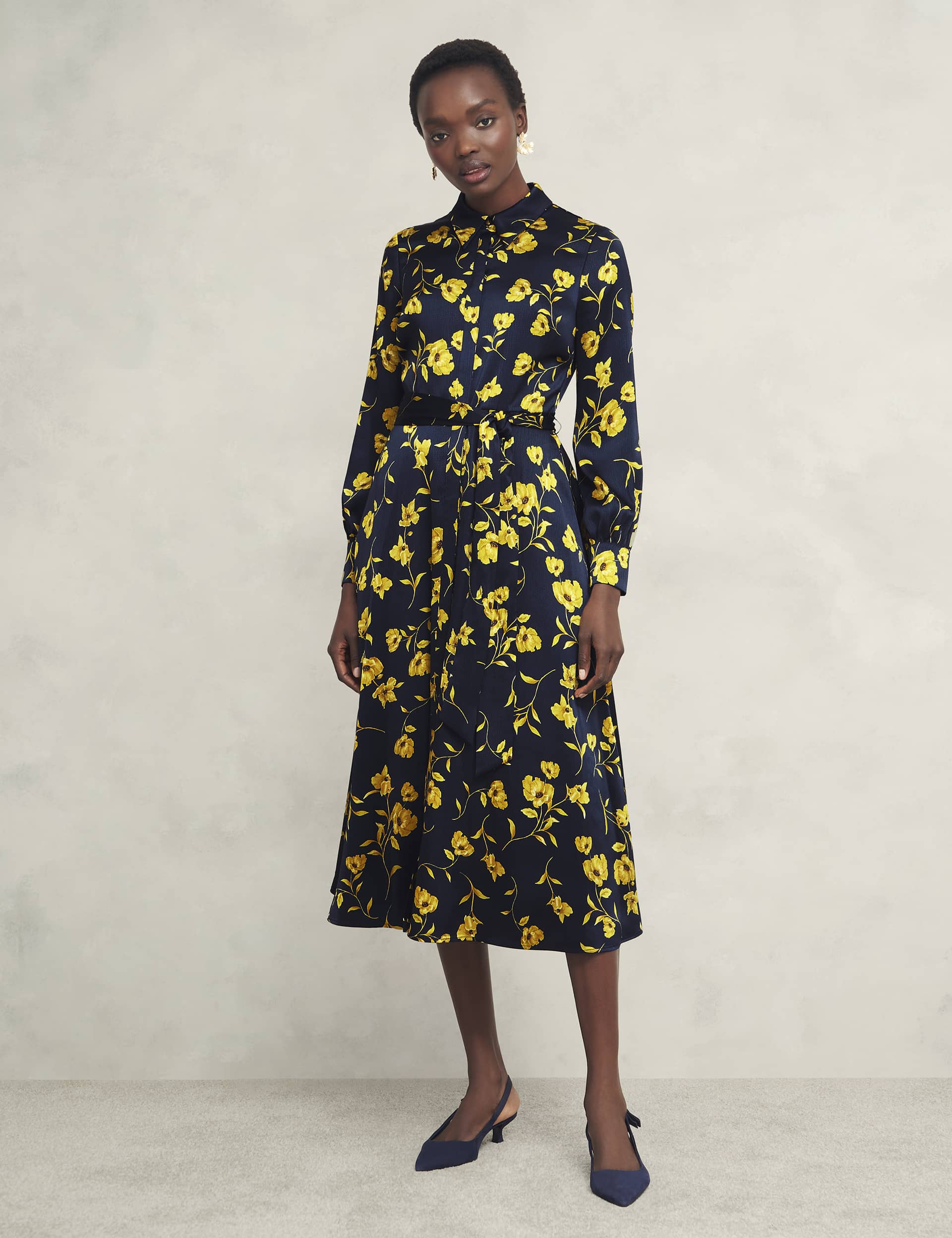 Hobbs Women's Floral Belted Midi Shirt Dress - 14 - Navy Mix, Navy Mix