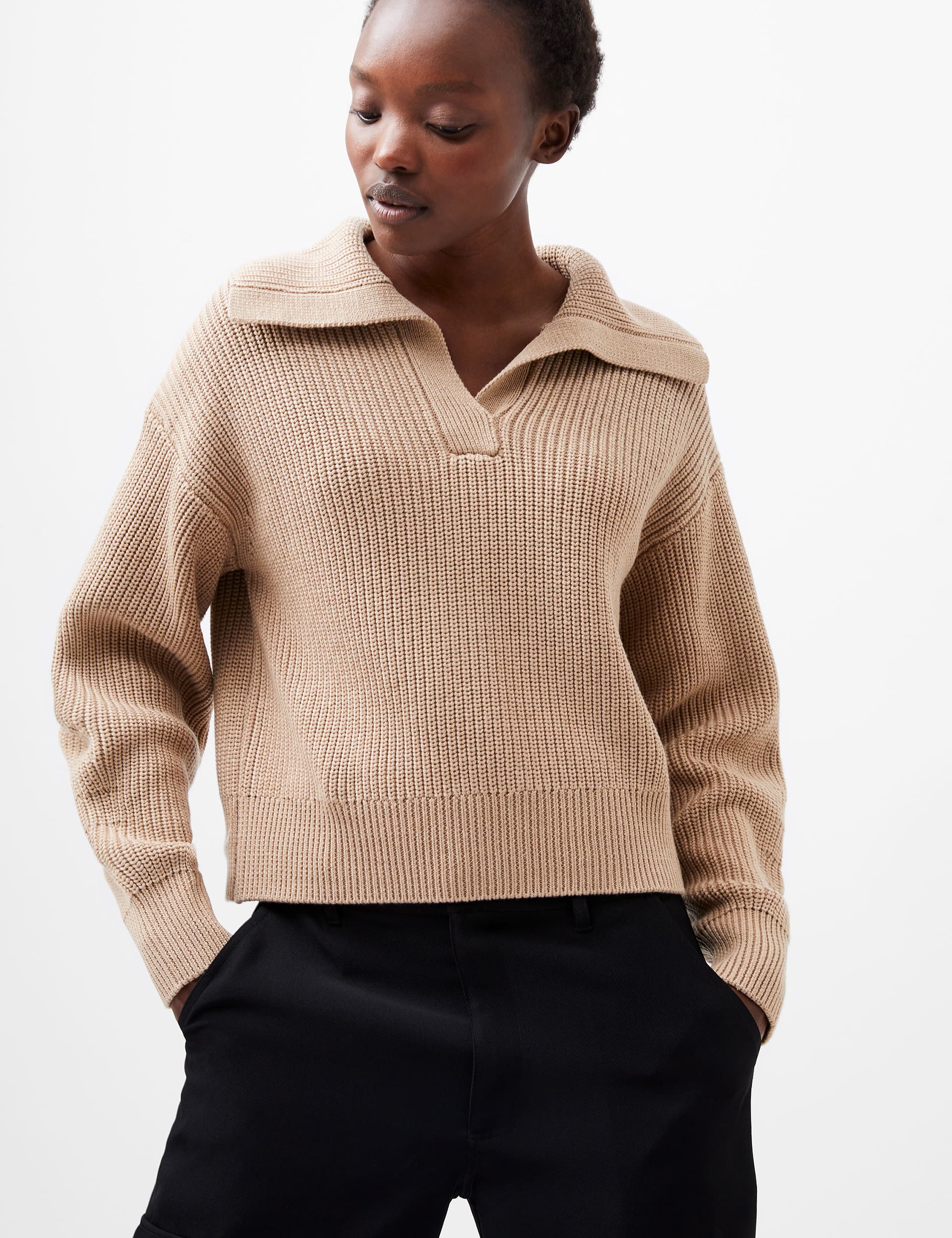 French Connection Women's Textured Collared Jumper with Wool - Camel, Camel