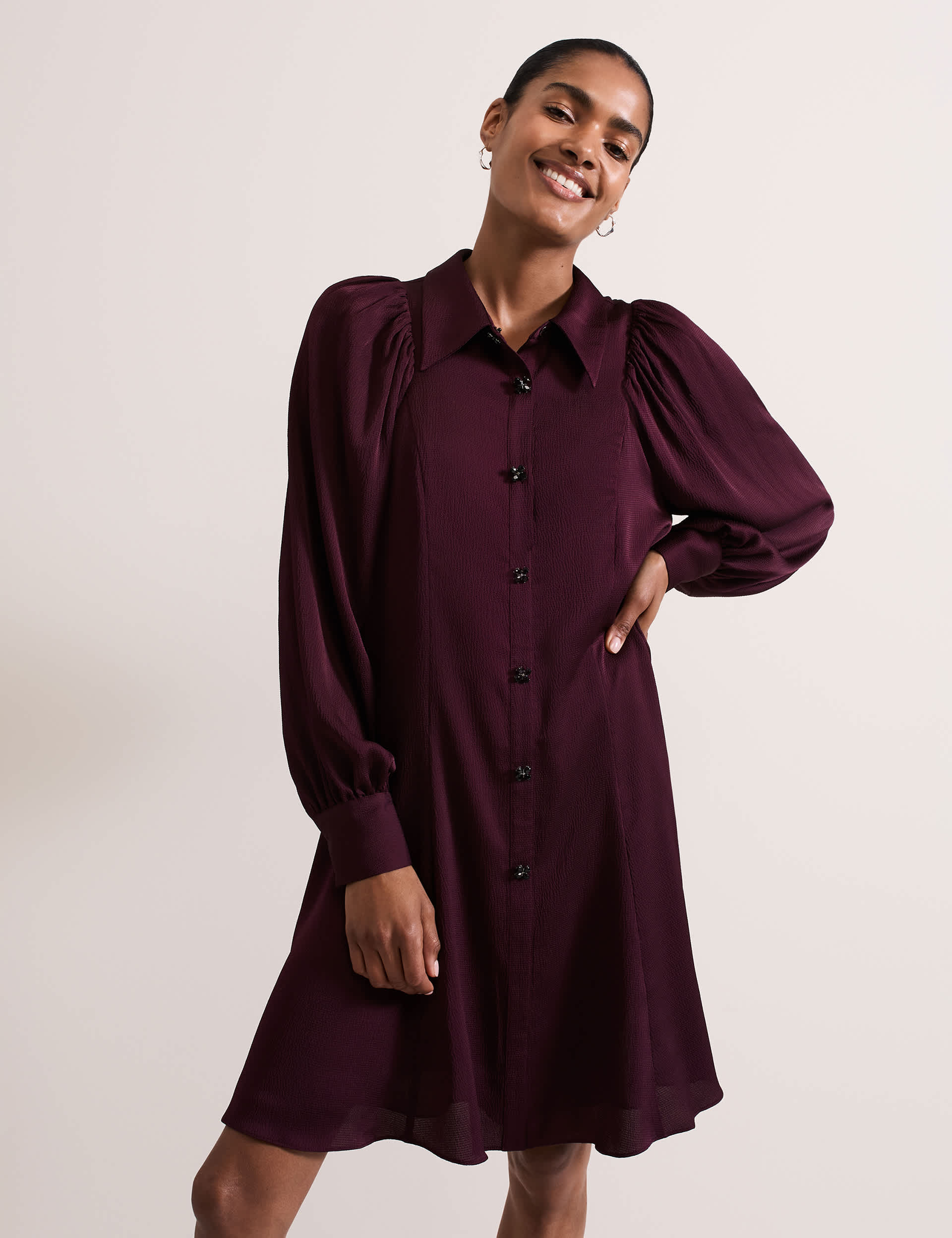 Phase Eight Women's Satin Button Front Knee Length Shirt Dress - 14 - Burgundy, Burgundy