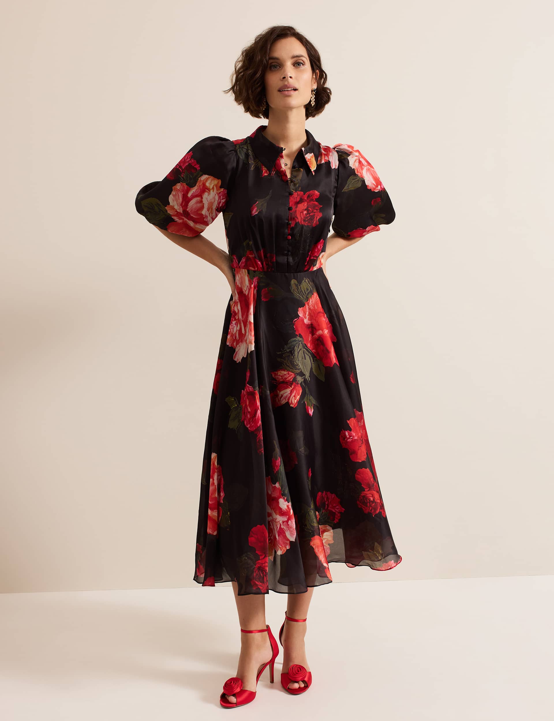 Phase Eight Women's Floral Puff Sleeve Midi Shirt Dress - 14 - Black Mix, Black Mix