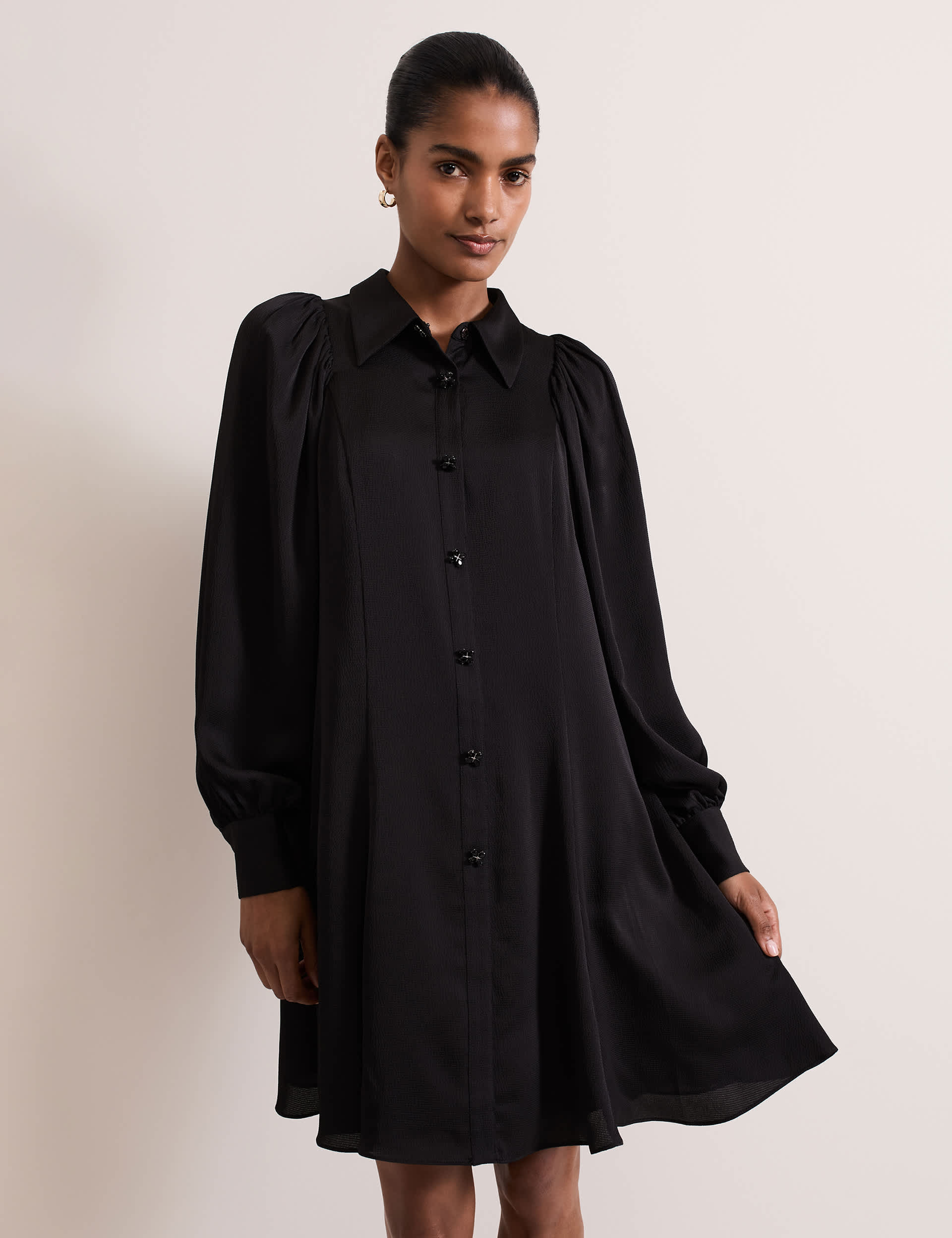 Phase Eight Women's Satin Knee Length Shirt Dress - 12REG - Black, Black