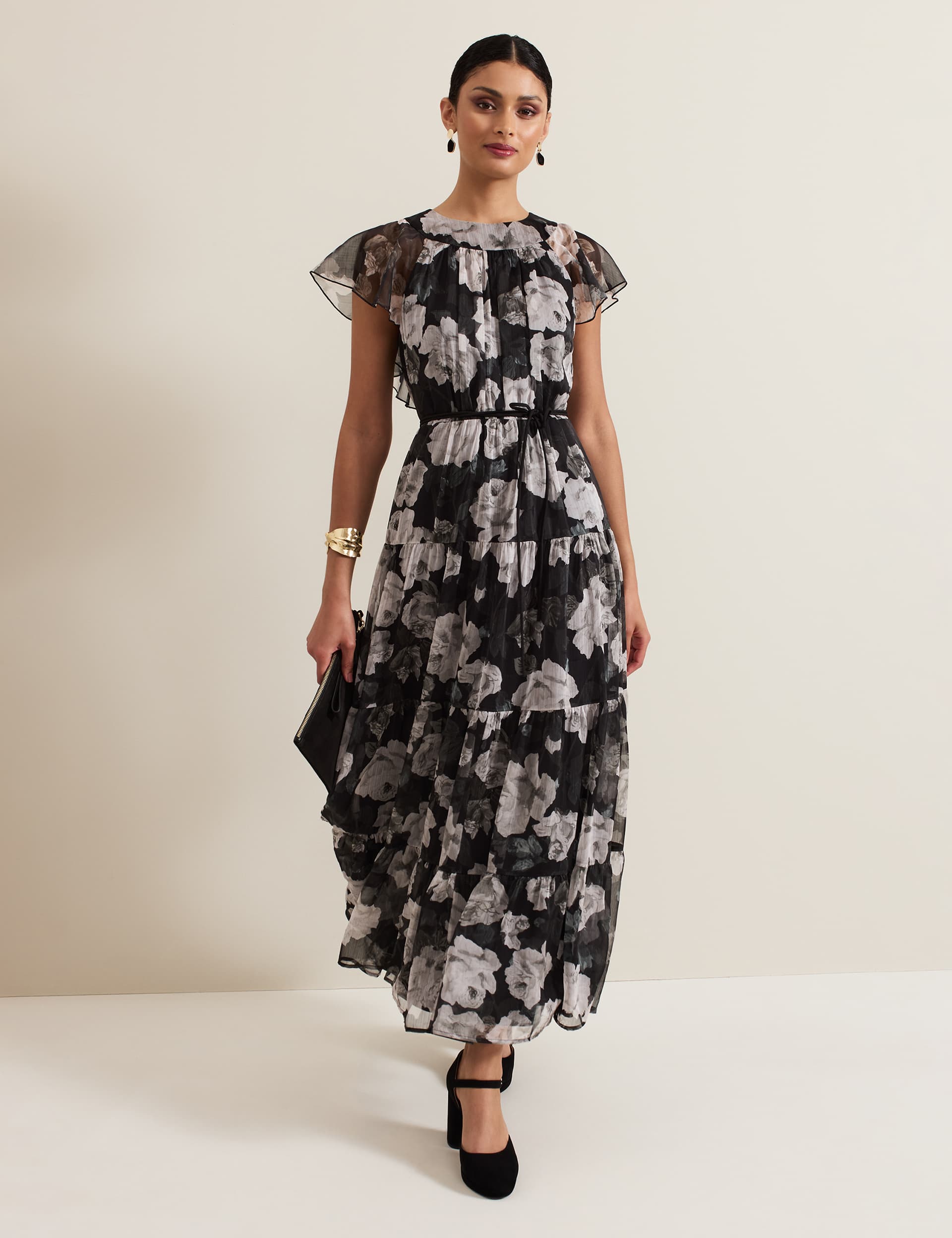 Phase Eight Women's Floral Midaxi Tiered Dress - 18REG - Black Mix, Black Mix