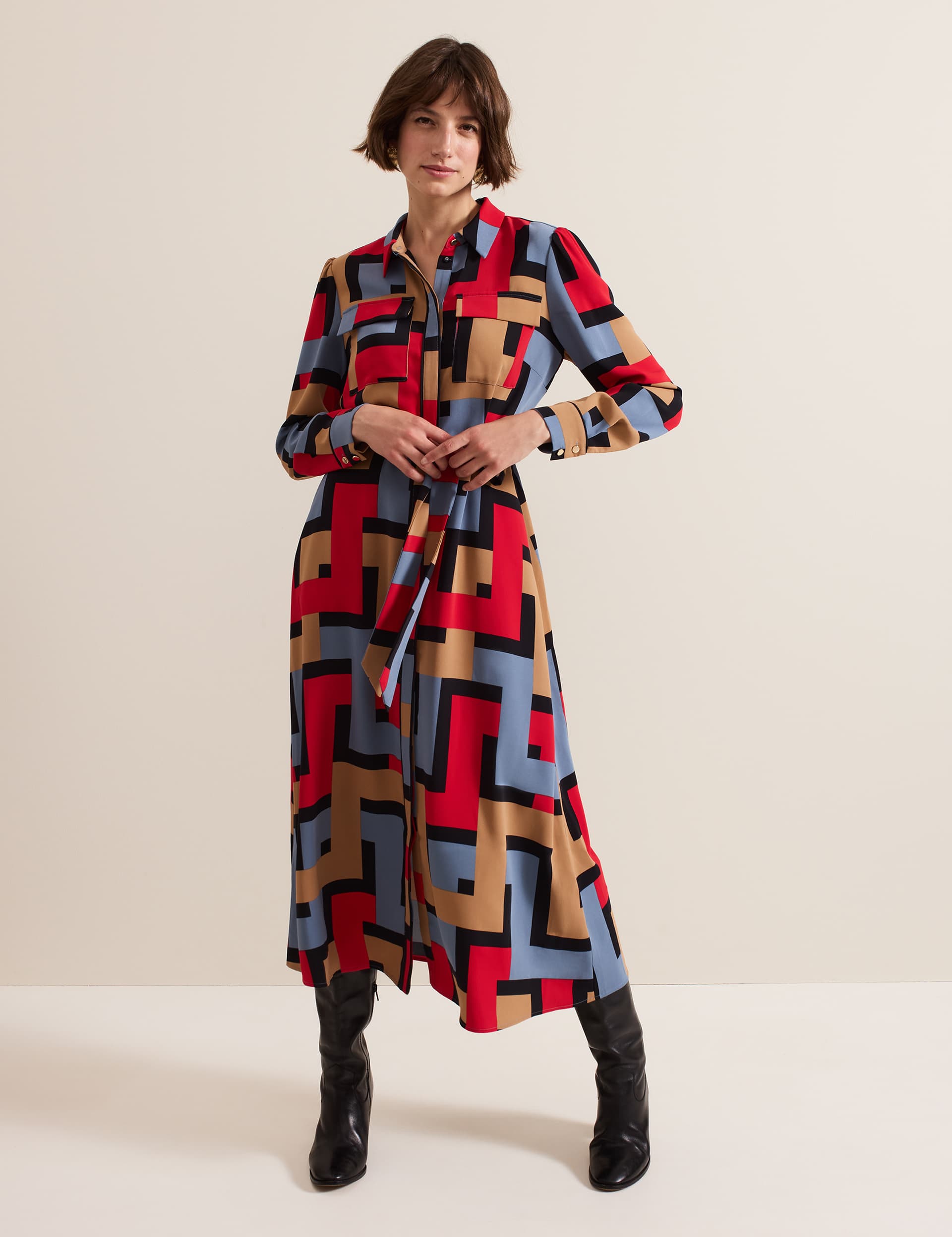 Phase Eight Women's Geometric Belted Midaxi Shirt Dress - 12REG - Multi, Multi