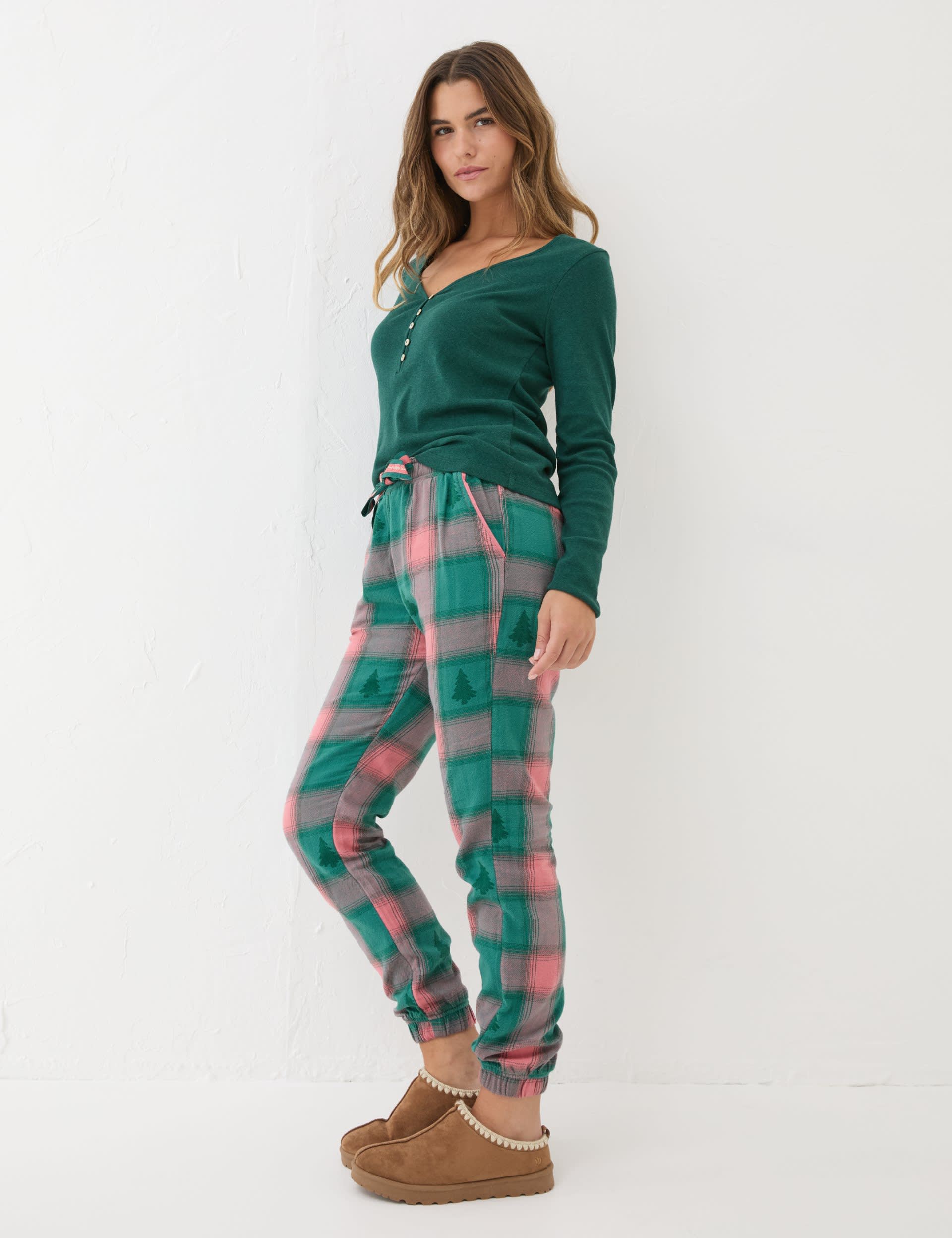 Fatface Women's Pure Cotton Checked Cuffed Hem Pyjama Bottoms - 12 - Green, Green