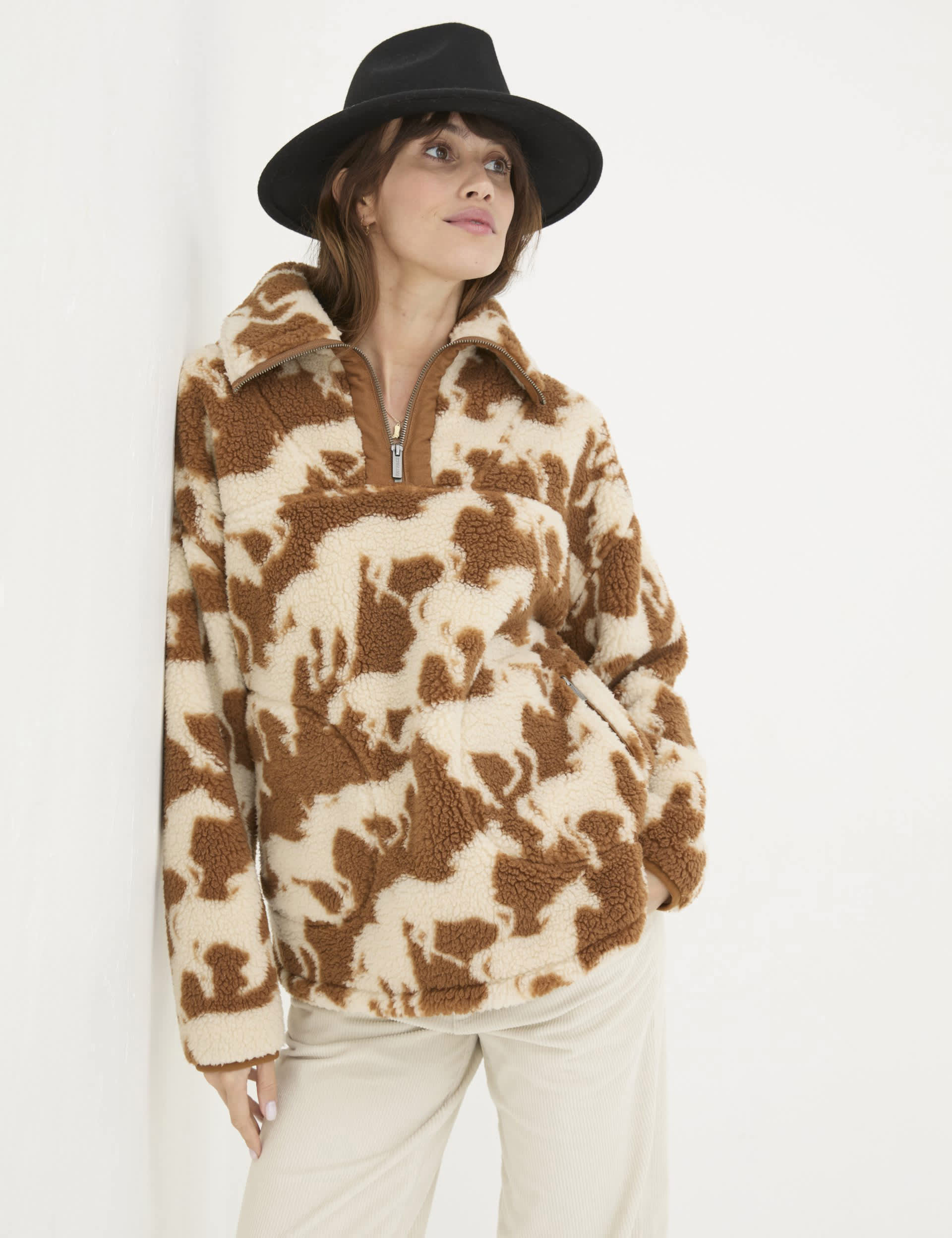 Fatface Women's Fleece Printed Collared Relaxed Jacket - Brown Mix, Brown Mix