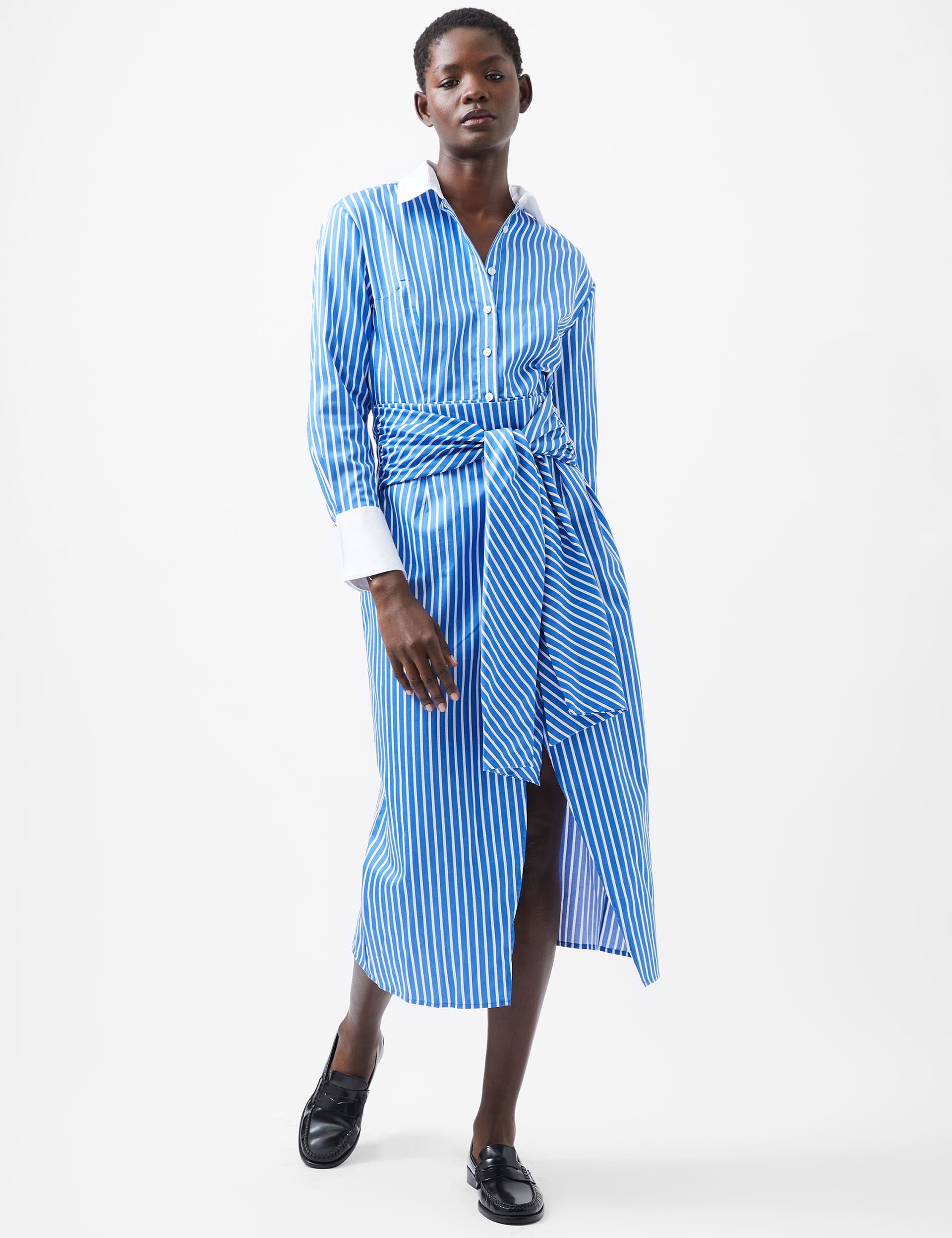 French Connection Women's Pure Cotton Striped Collared Midi Shirt Dress - 12 - White Mix, White Mix