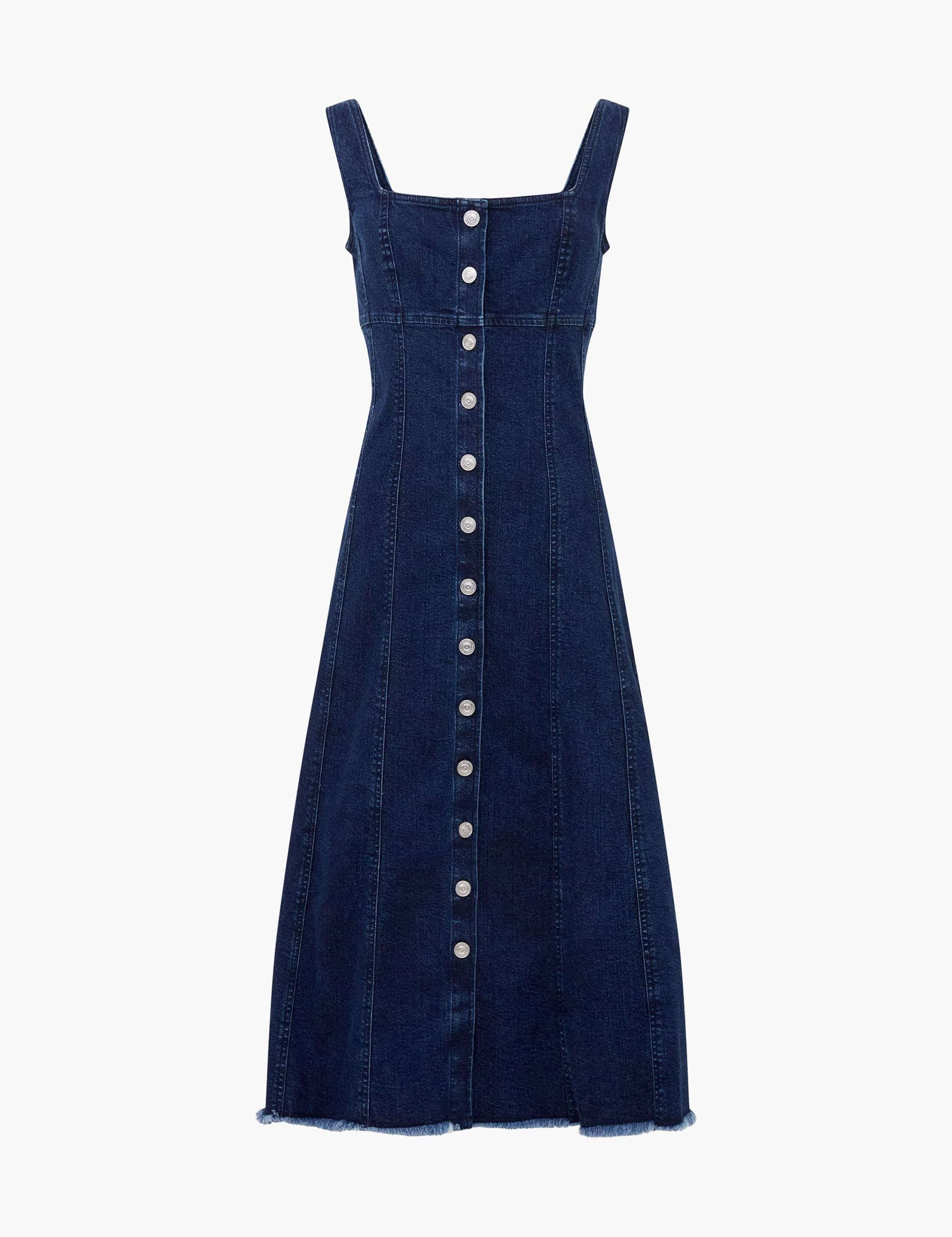 French Connection Women's Denim Square Neck Midi Smock Dress - 14 - Blue Denim, Blue Denim