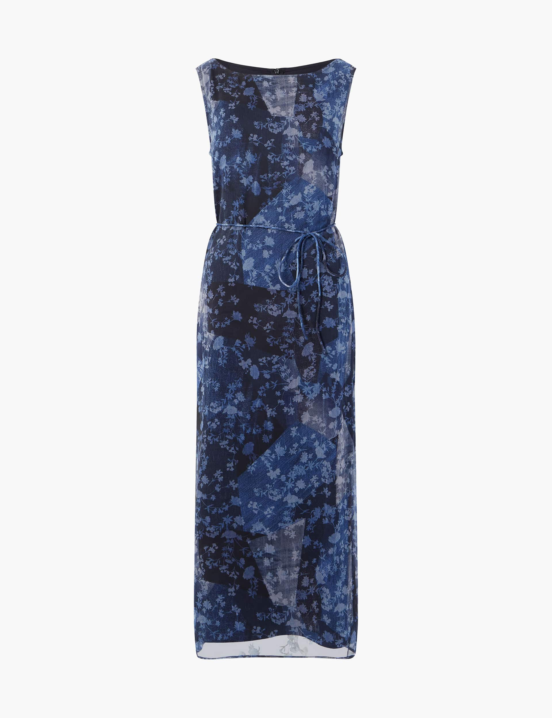 French Connection Women's Floral Textured Tie Waist Midi Waisted Dress - 12 - Blue Denim, Blue Denim