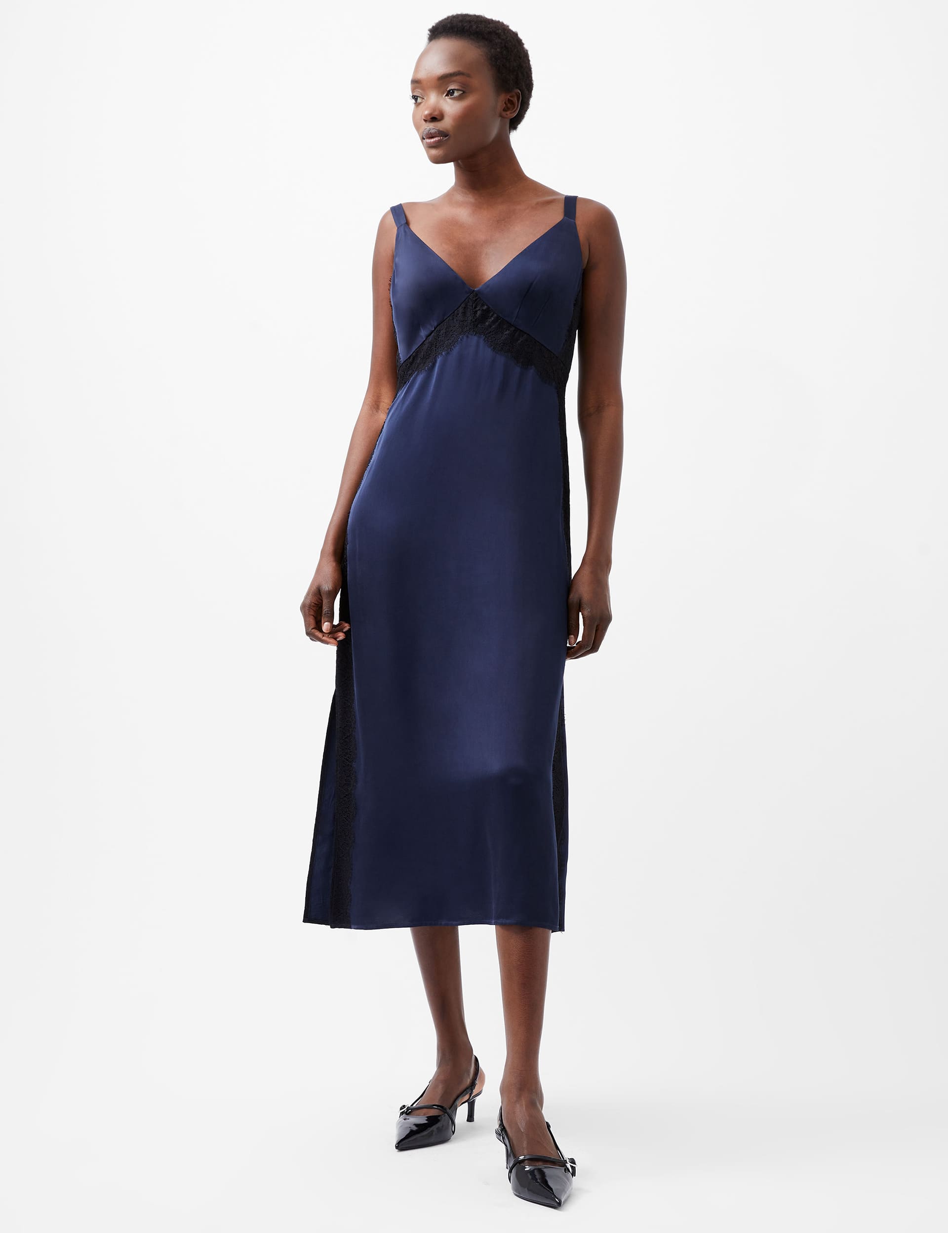 French Connection Women's Satin V-Neck Midi Slip Dress - 12 - Navy Mix, Navy Mix