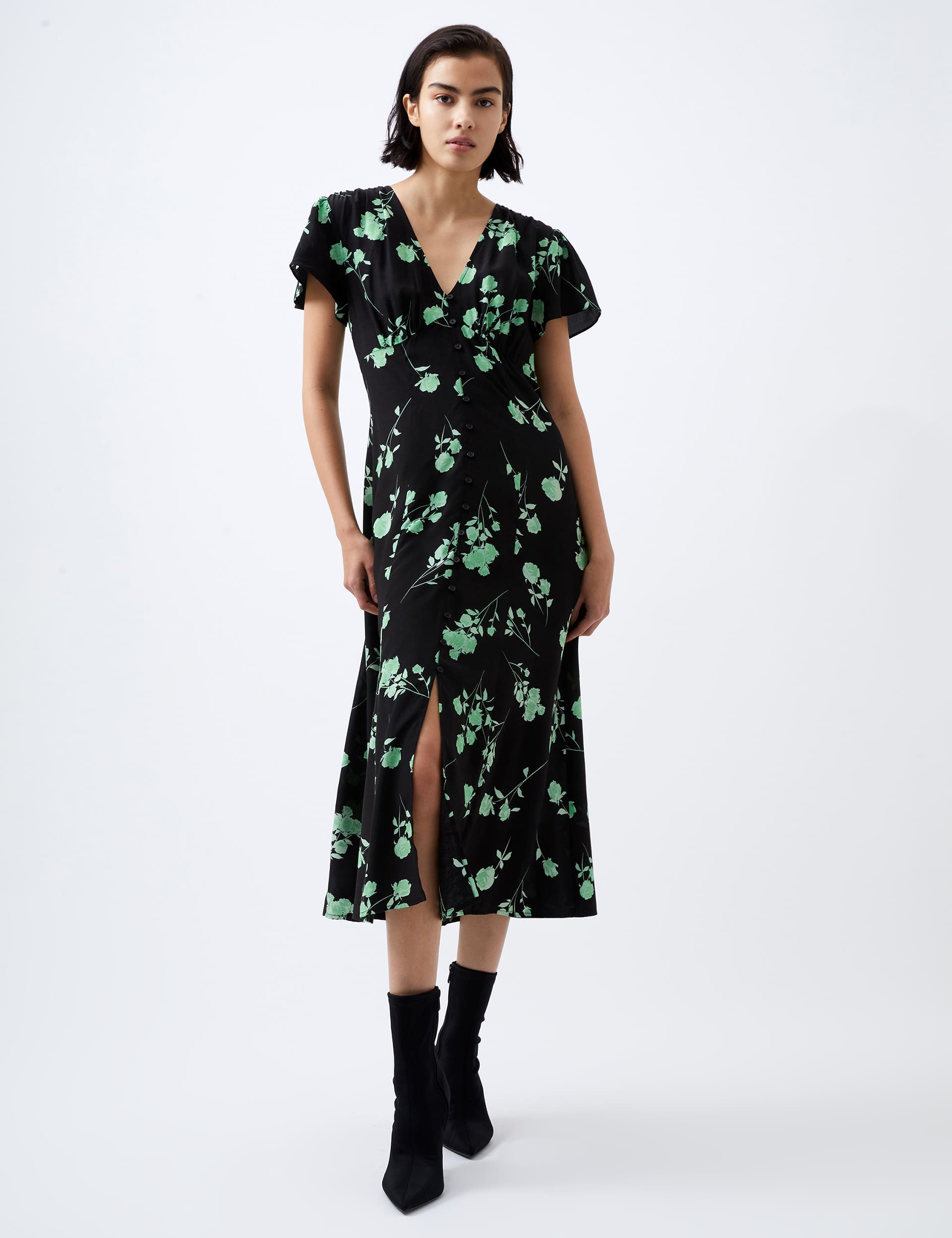 French Connection Women's Floral V-Neck Midi Tea Dress - 12 - Black Mix, Black Mix