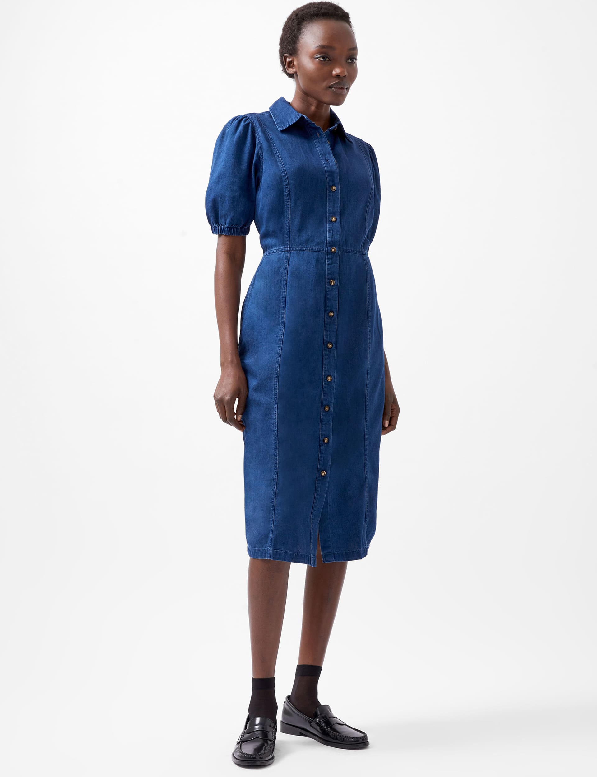 French Connection Women's Pure Cotton Collared Midi Shirt Dress - 8 - Blue Denim, Blue Denim