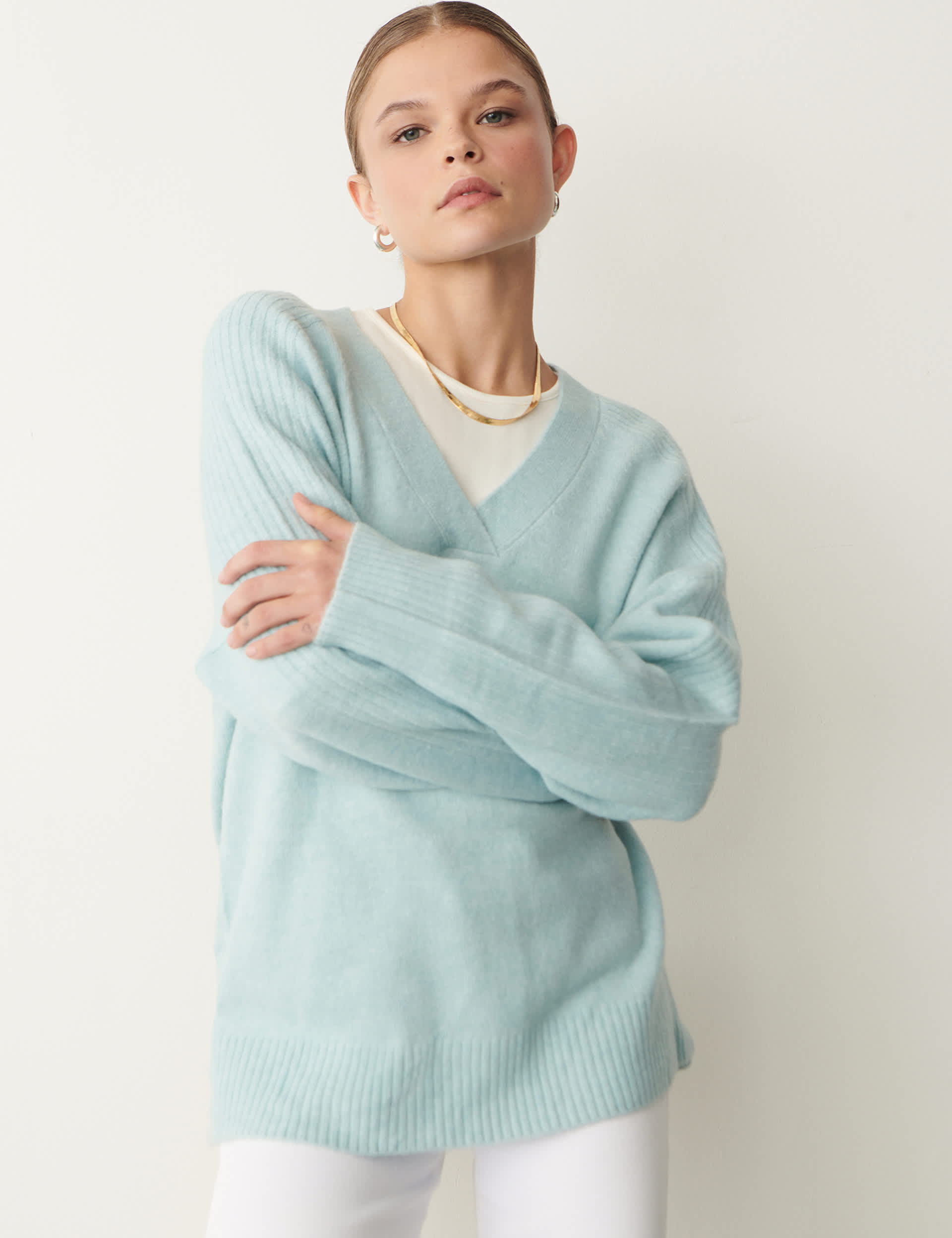 Finery London Women's Ribbed V-Neck Relaxed Jumper - 12 - Light Blue, Grey Mix,Light Pink,Light Blue