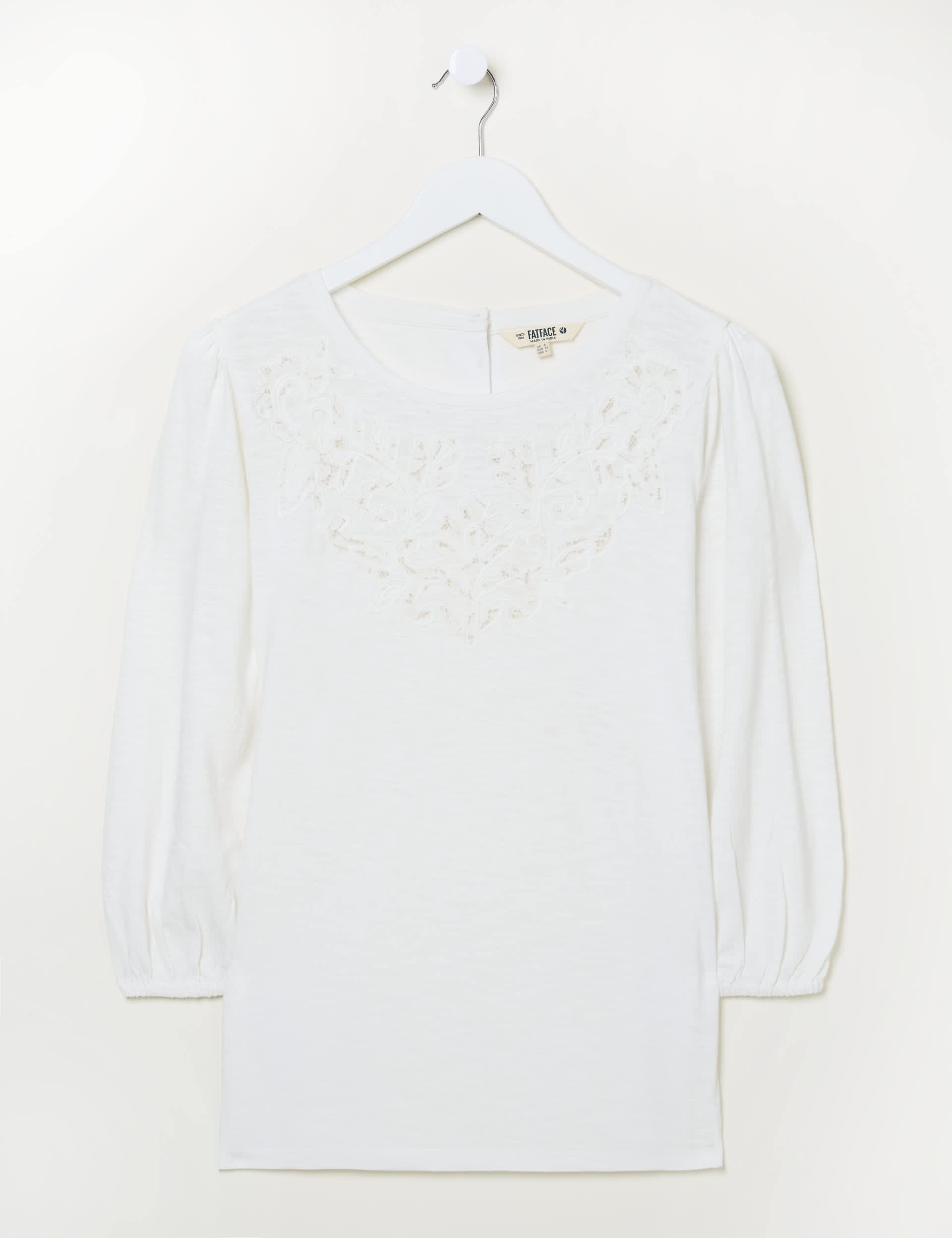 Fatface Women's Pure Cotton Round Neck Lace Insert Blouse